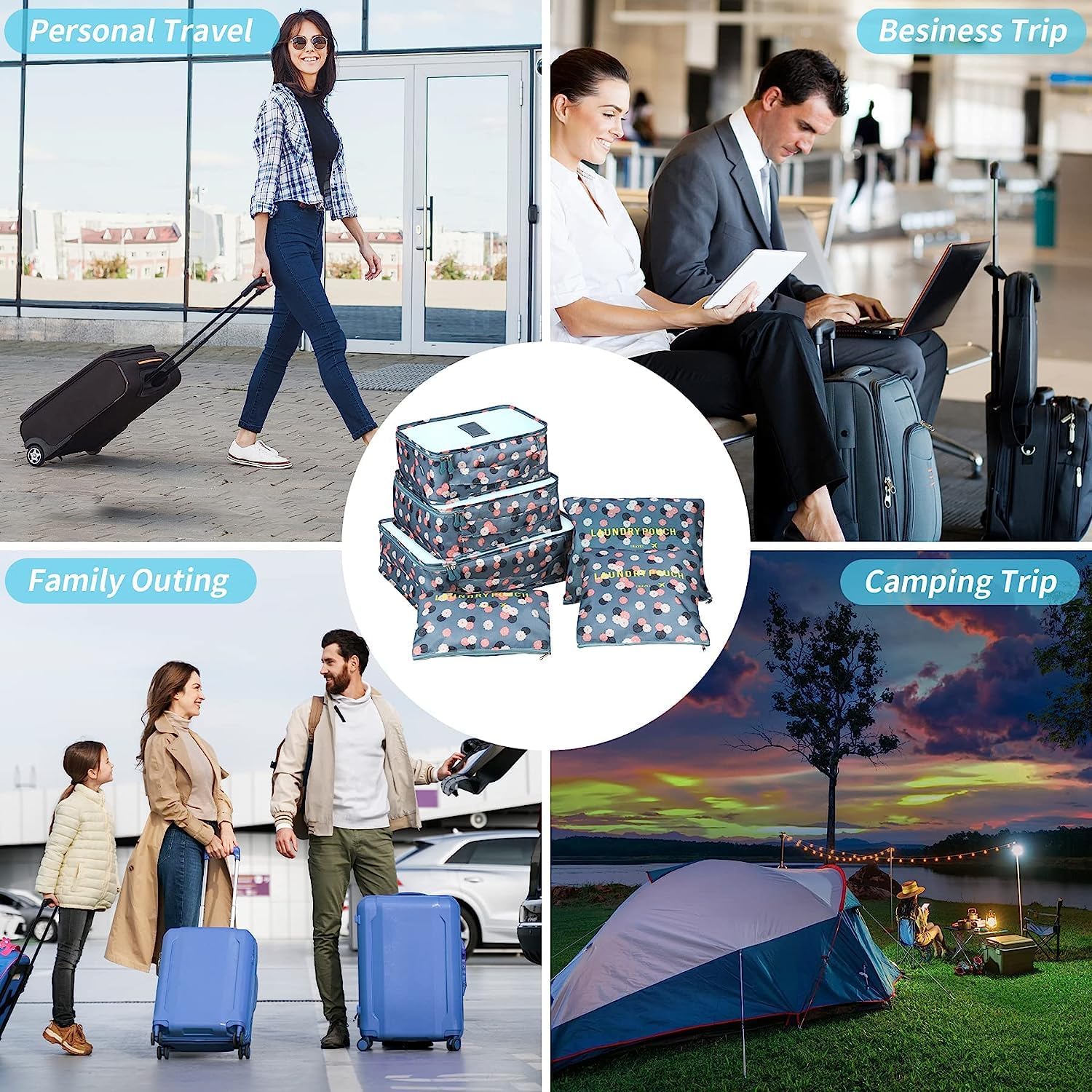 BESTOTTAM Travel Organizer Set - Packing Cubes for Clothes, Toiletry Bag & Travel Essentials | Lightweight Luggage Organizers for Women | Perfect for Vacation, Business Trips & Weekend Getaways (Blue Floral)