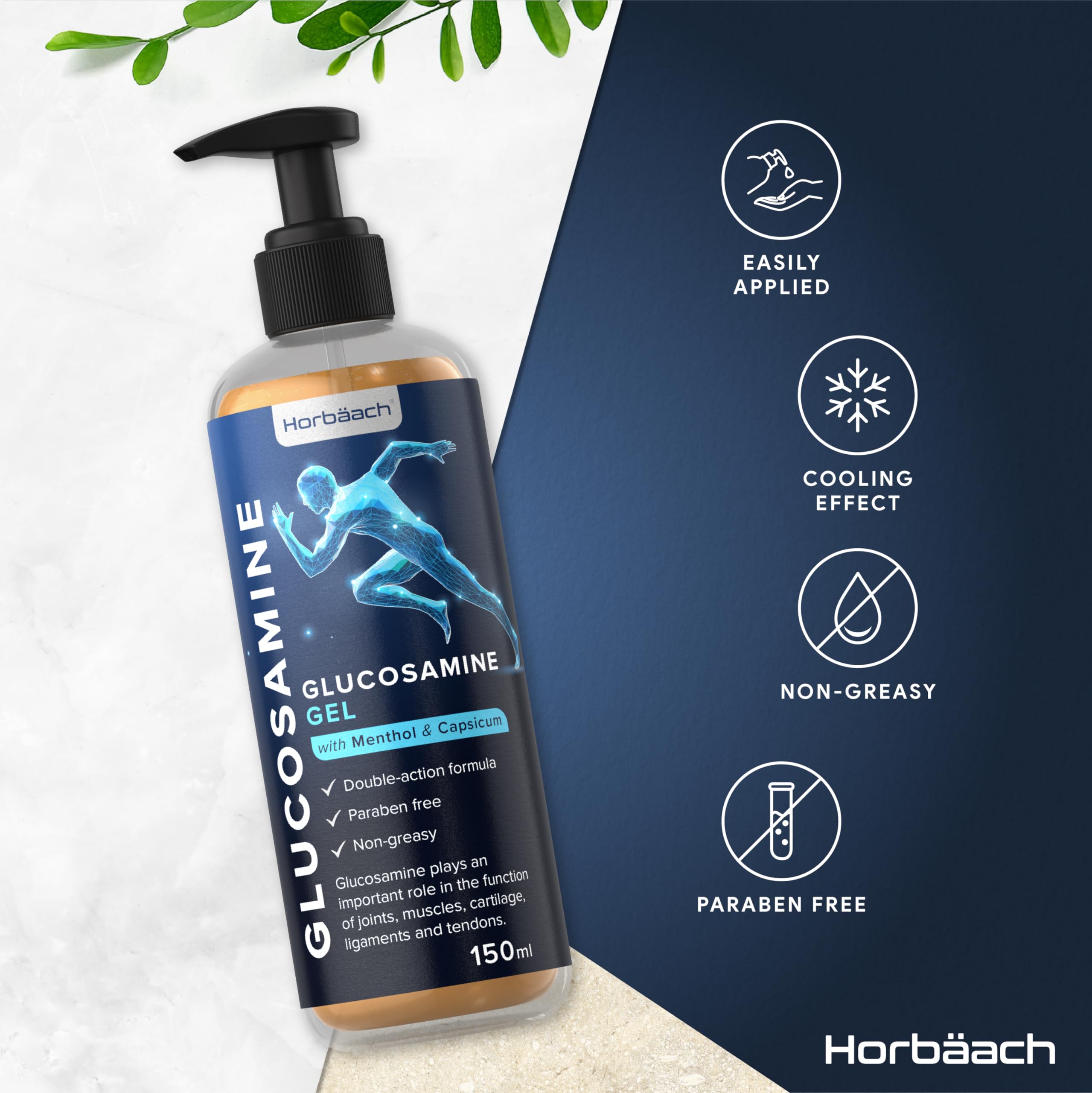 Horbaach Glucosamine Gel with Menthol & Capsicum - 150ml Fast Absorbing, Non-Sticky, Non-Greasy Joint Pain Relief Gel for Arthritis, Muscle & Back Pain - Perfect for Active Lifestyles & Post-Workout Recovery