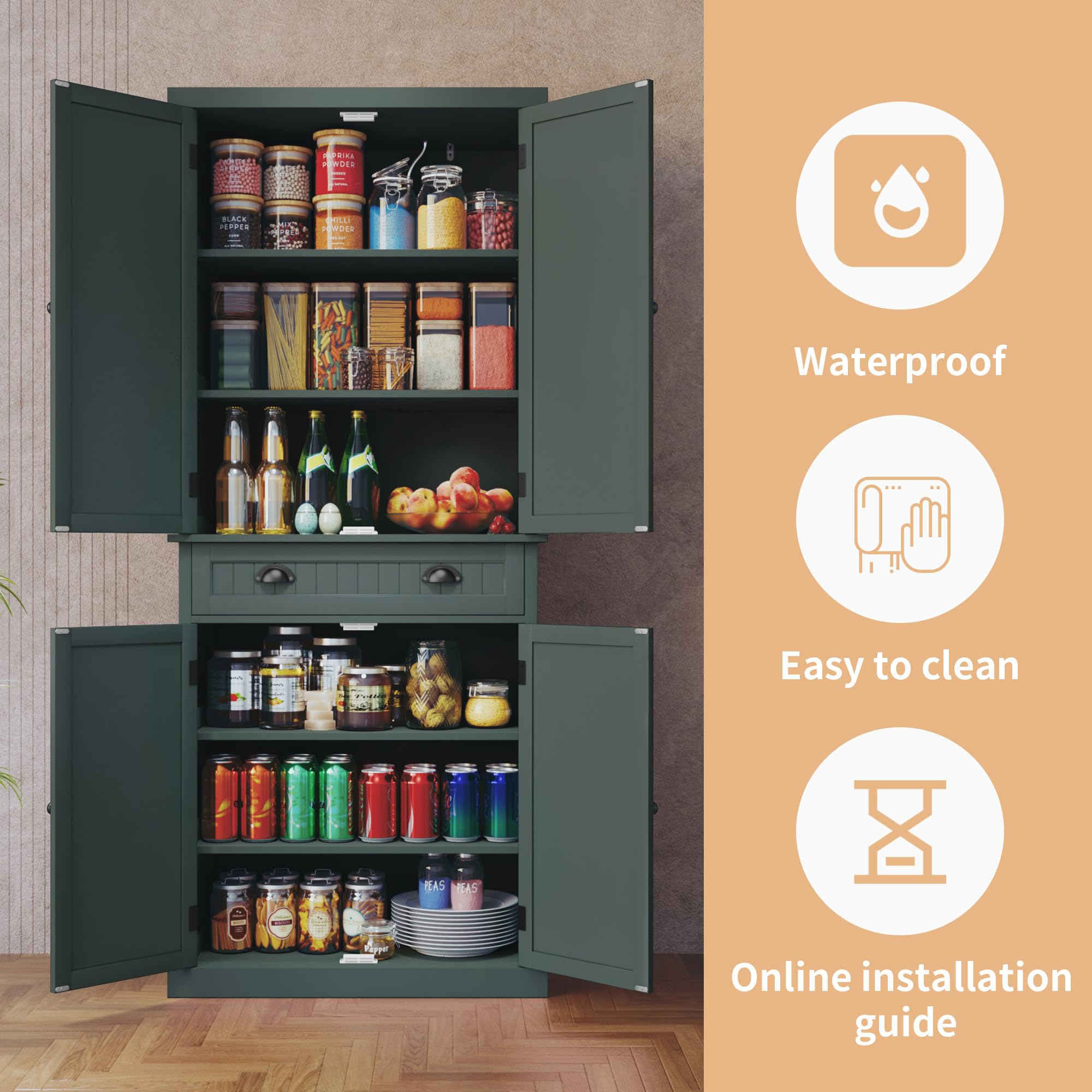 ARTPOWER Kitchen Pantry Storage Cabinet with Drawer & Adjustable Shelves - Organize Kitchen, Bathroom or Hallway - Green - Perfect for Small Space Organization & Home Storage Solutions