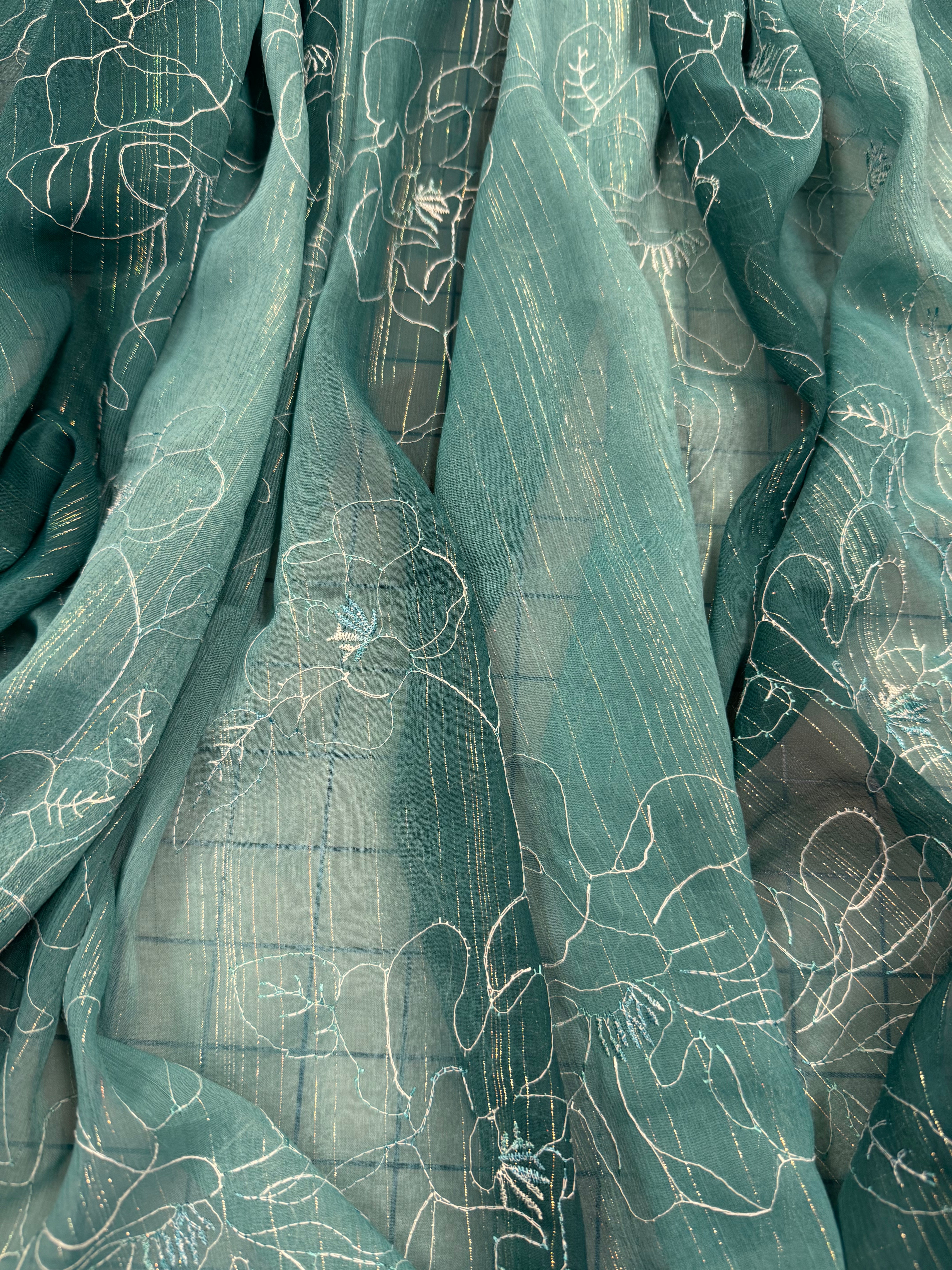 Elegant Green Chiffon Fabric with White Floral Design - Perfect for Dresses, Scarves, and DIY Sewing Projects