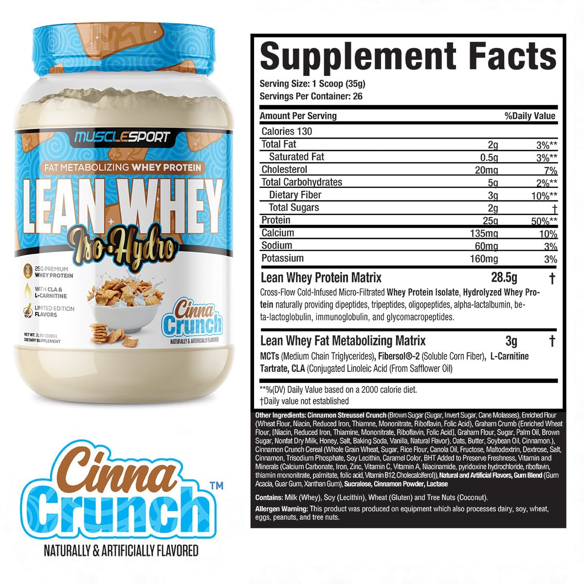 Musclesport Lean Whey Revolution™ Protein Powder - Whey Protein Isolate - Low Calorie, Low Carb, Low Fat - 25g Protein per Scoop - 2lb Cinna Crunch Flavor - Ideal for Post-Workout Recovery & Weight Management