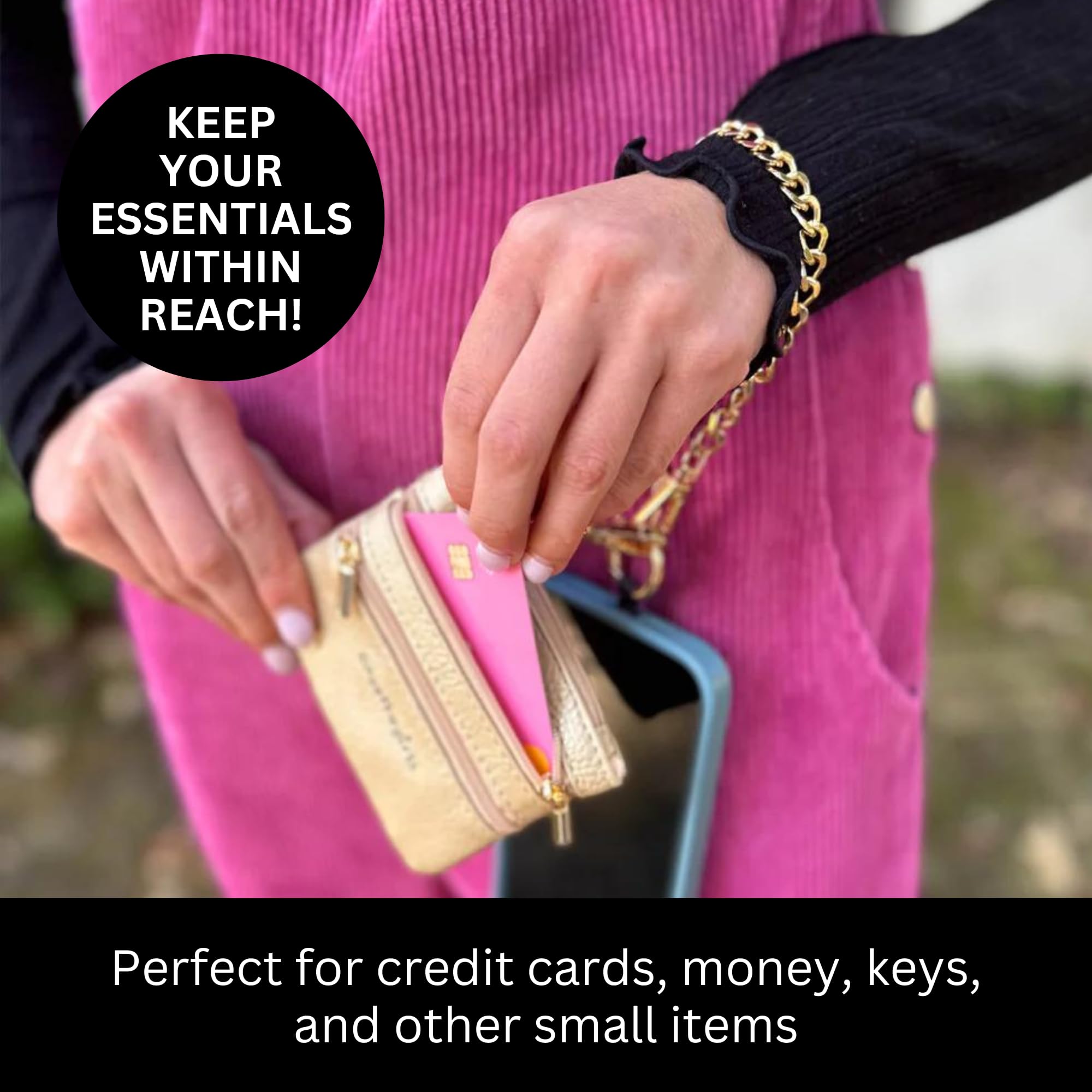 Clip and Go Phone Lanyard with Wallet – Adjustable Crossbody Chain Strap for Women, Gun Metal Finish & Black Pouch, Hands-Free Carrying for Shopping, Travel, and Outdoor Activities
