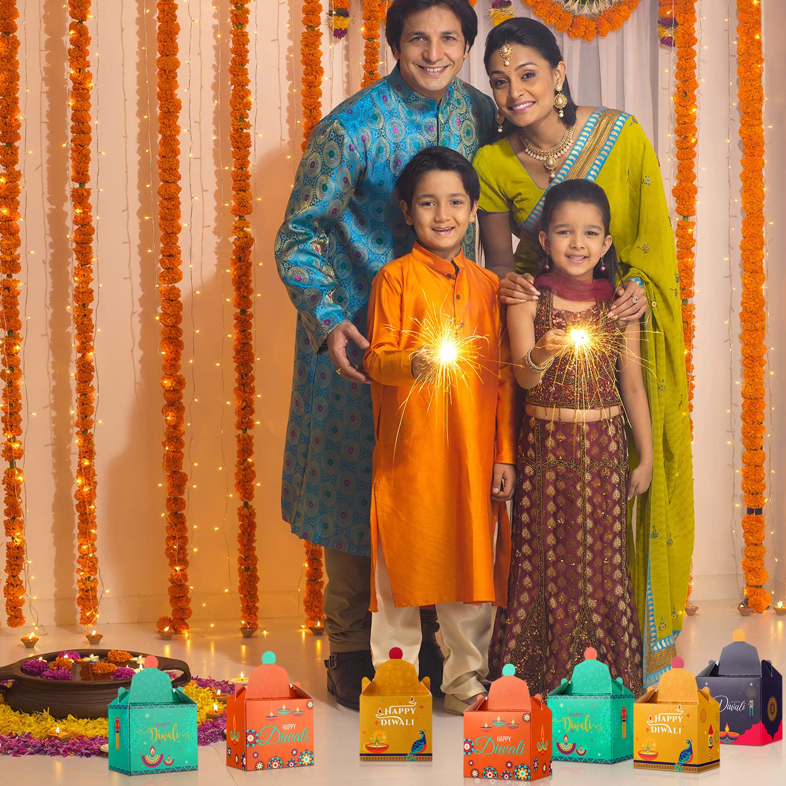 12pcs Diwali Sweet Gift Boxes - Indian Festival Treat Bags for Party Favors & Decor