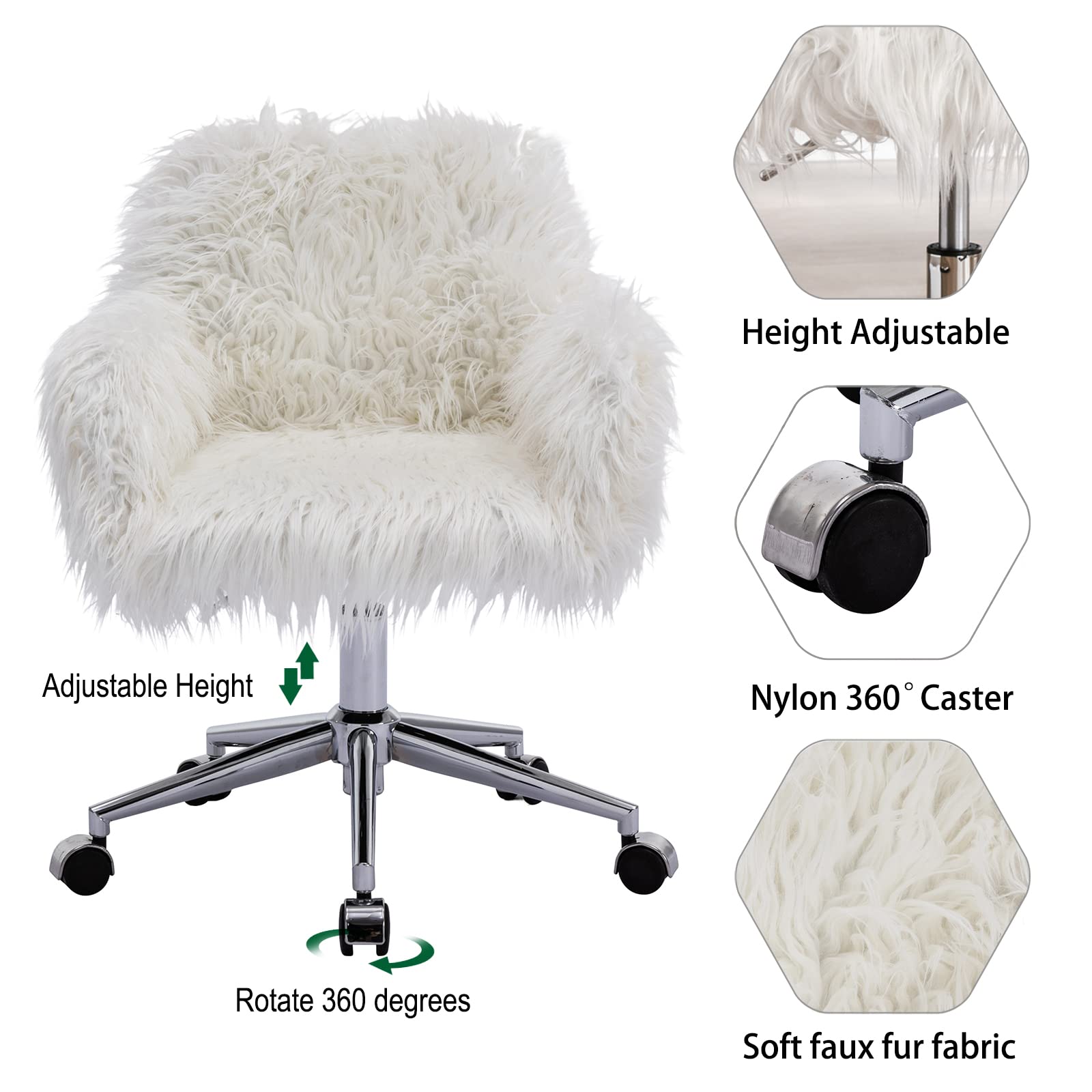 White Faux Fur Desk Chair with Wheels - Modern Adjustable Swivel Vanity Chair for Women & Girls, Ergonomic Office Task Chair with Arms - Perfect for Home Office, Bedroom, and Makeup Station (White)