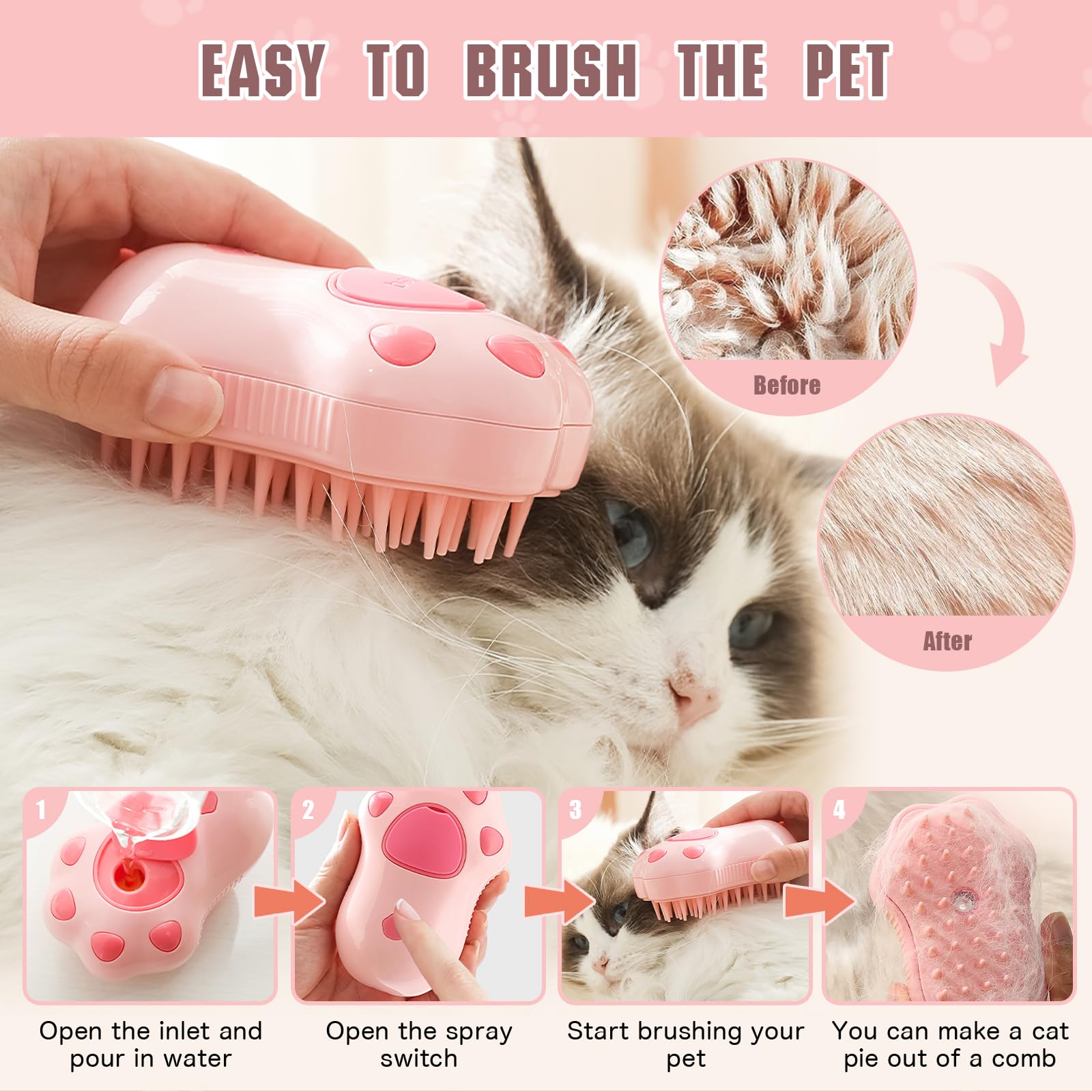 3-in-1 Electric Cat Grooming Brush with Steam - Self-Cleaning Silicone Pet Hair Brush for Massage, Shedding Control & Loose Hair Removal | Perfect for Daily Cat Care & Spa Grooming Sessions at Home