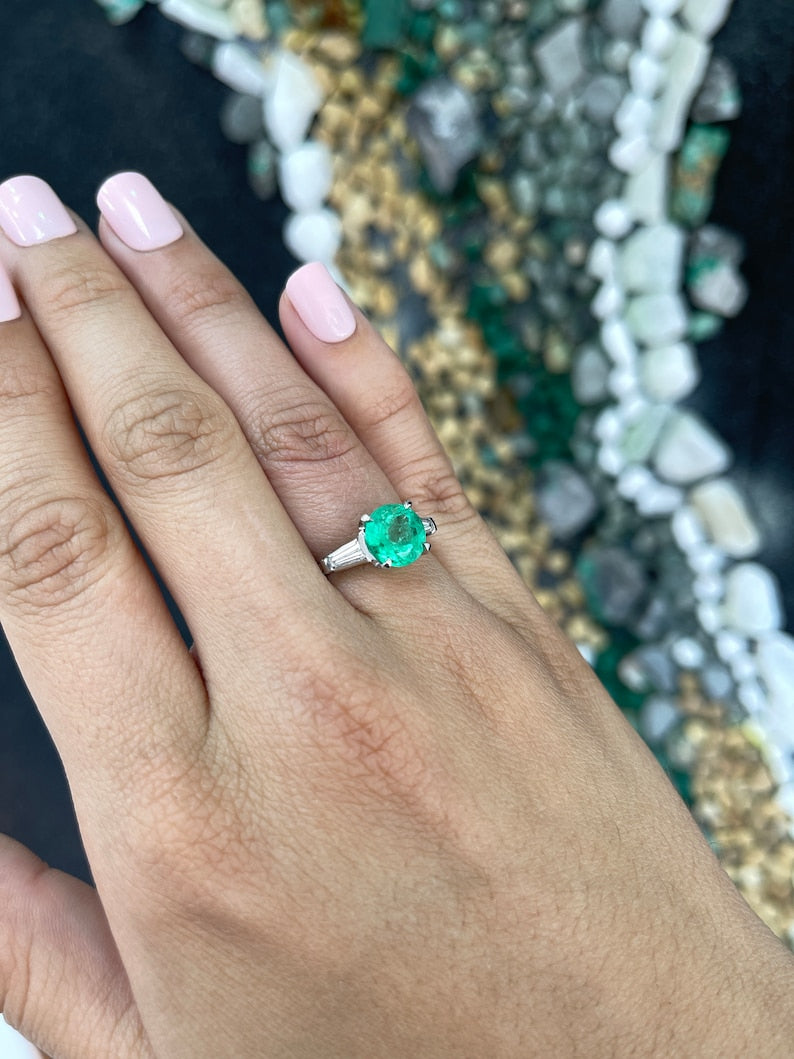 3.12tcw 14K White Gold Round Emerald & Tapered Baguette Diamond Three Stone Ring for Engagement, Anniversary & Special Occasions