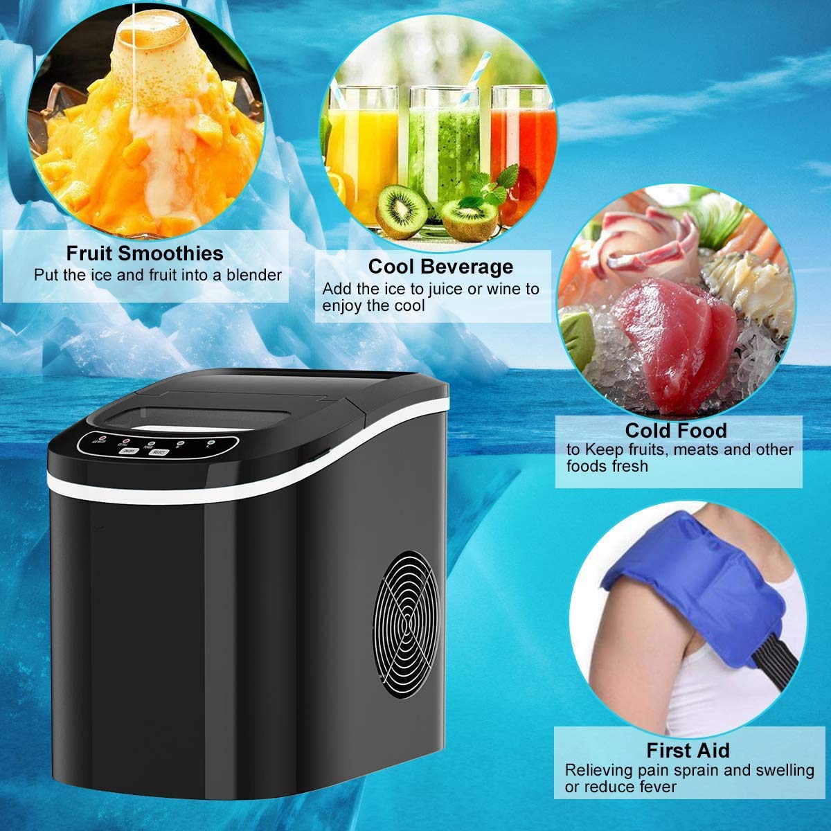 Portable Countertop Ice Maker Machine - Fast 6-Minute Ice Cube Maker with Removable Basket & Scoop - Electric Ice Maker for Home, Office, Parties & Outdoor Use (Black)