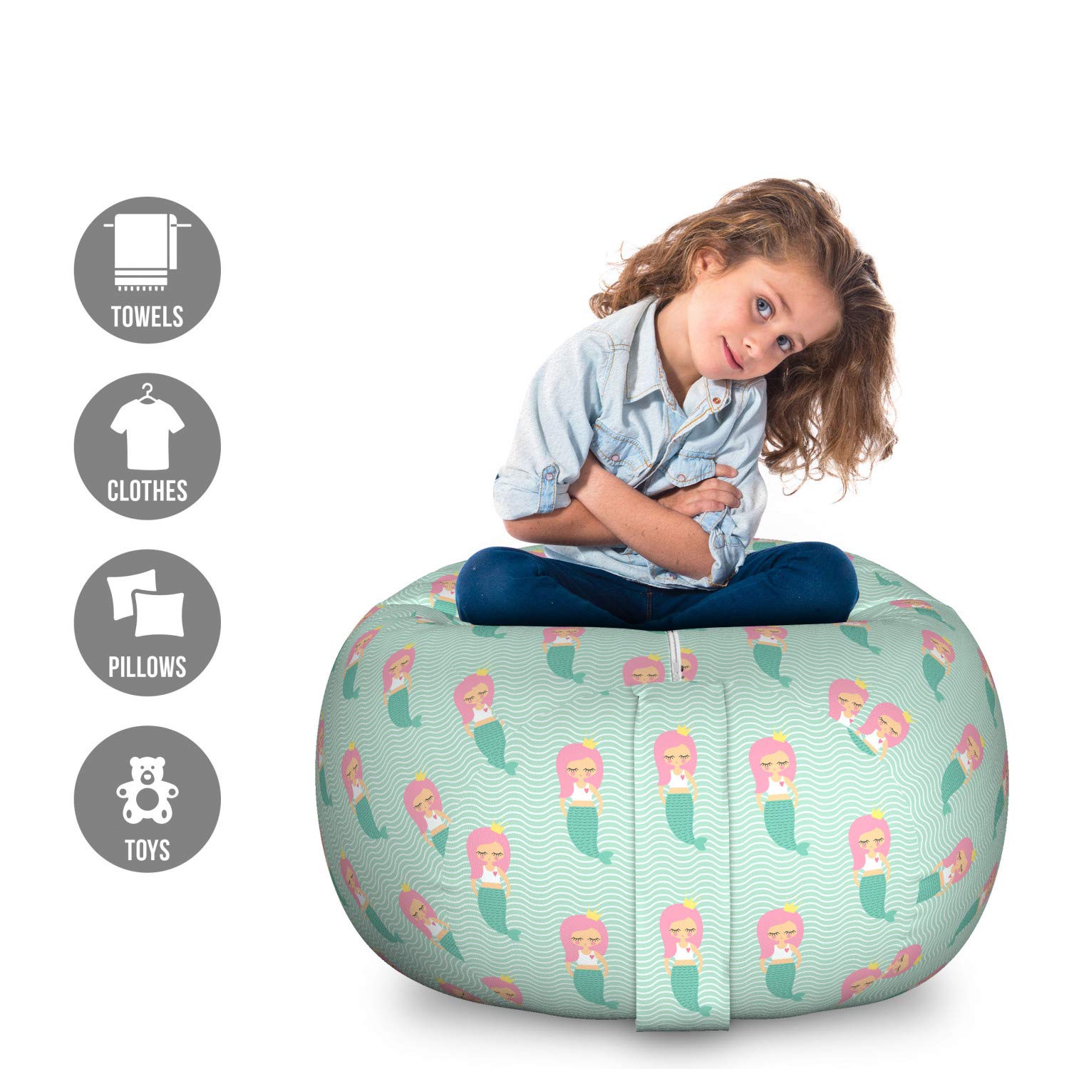 Lunarable Mermaid Toy Storage Bag Chair - Large Pink Haired Mermaid Design with Crown, Washable Stuffed Animal Organizer for Kids Room, Mint Green - Perfect for Bedroom Decor & Toy Organization