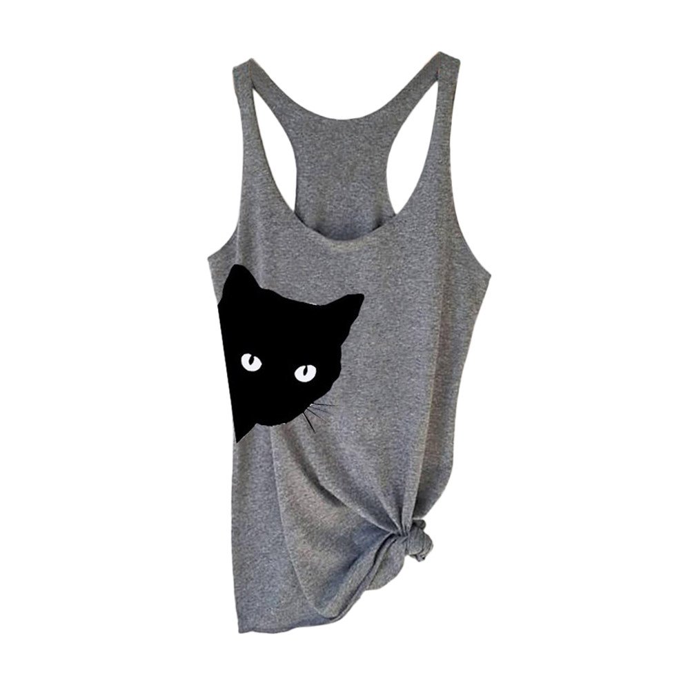 Women's Striped Sleeveless Tank Top - Cat Print Casual Blouse for Summer | Perfect for Beach Outings, Casual Wear & Street Fashion