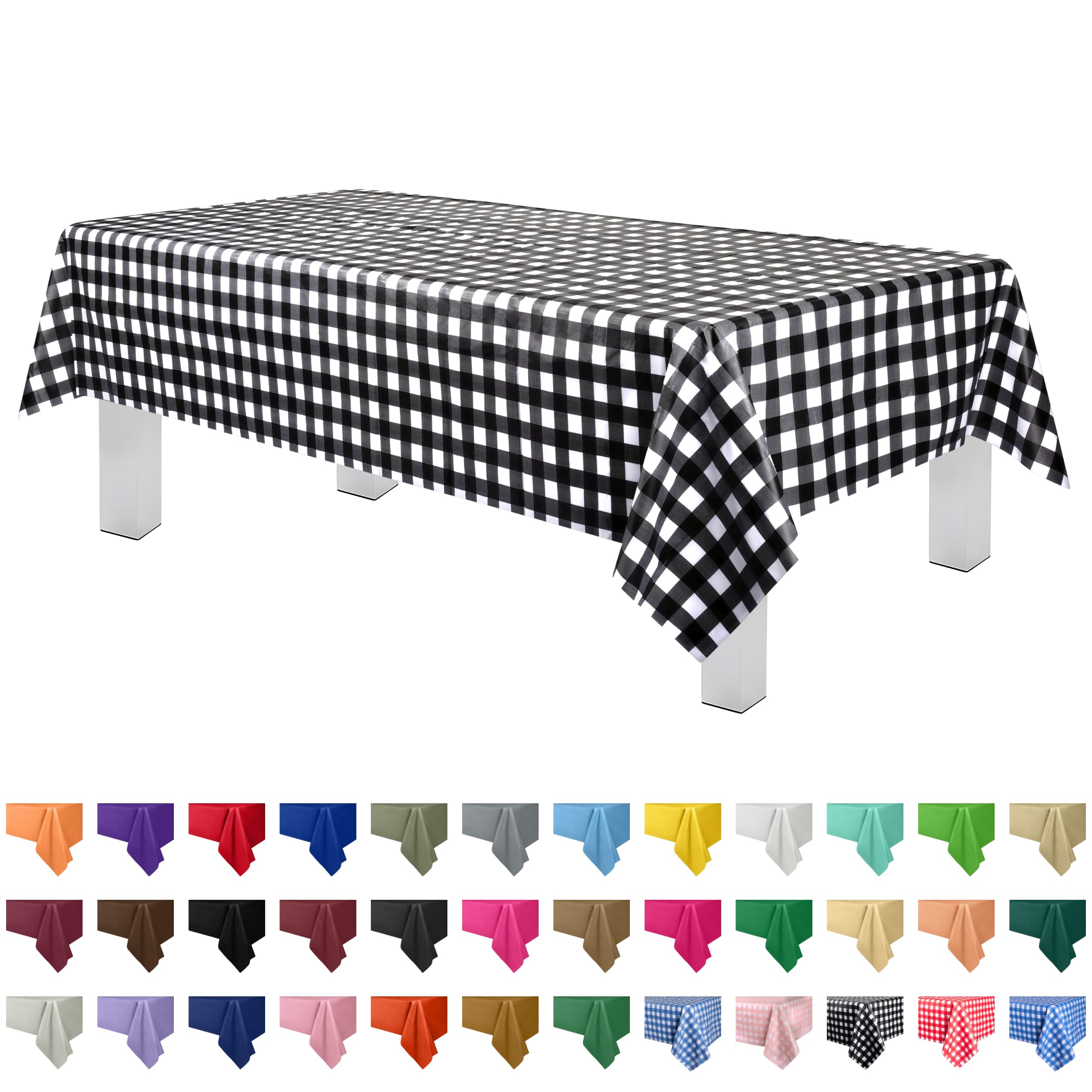 Premium Black Gingham Plastic Tablecloth (6 Pack) - Disposable Party Decor for 6-8ft Tables