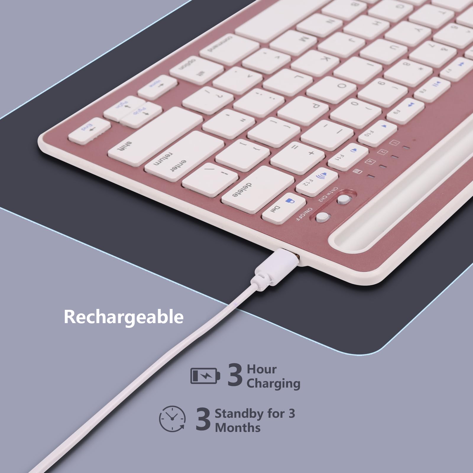 Multi-Device Bluetooth Keyboard - Wireless Rechargeable Keyboard for iPad, Tablet, Smartphone, MacBook (Android/iOS/Windows Compatible) with Stand Holder - Rose Pink | Perfect for Home Office, Travel & Remote Work