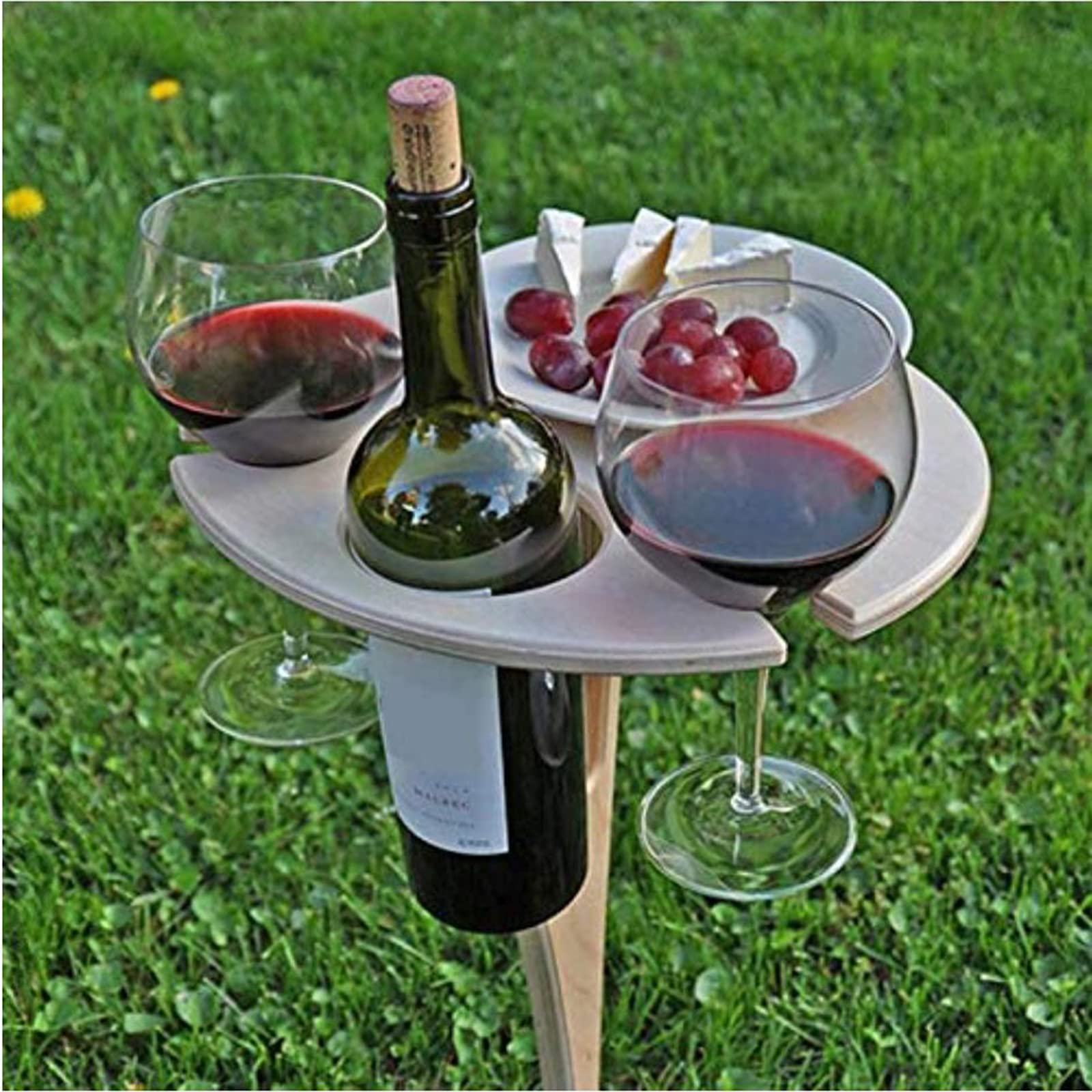 Juoyyo Outdoor Folding Wine Table - Portable Wooden Picnic Table with Wine Glass Rack & Bottle Holder - Round Cheese Board & Snack Tray for Backyard, Patio, Camping and Beach Parties