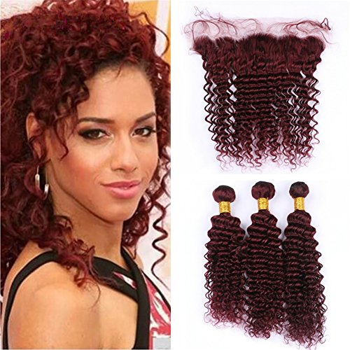 Zara Wine Red Burgundy Peruvian Hair Bundles with 13x4 Pre-Plucked Lace Frontal Closure - 99J Deep Wave Curly Human Hair Weave (12