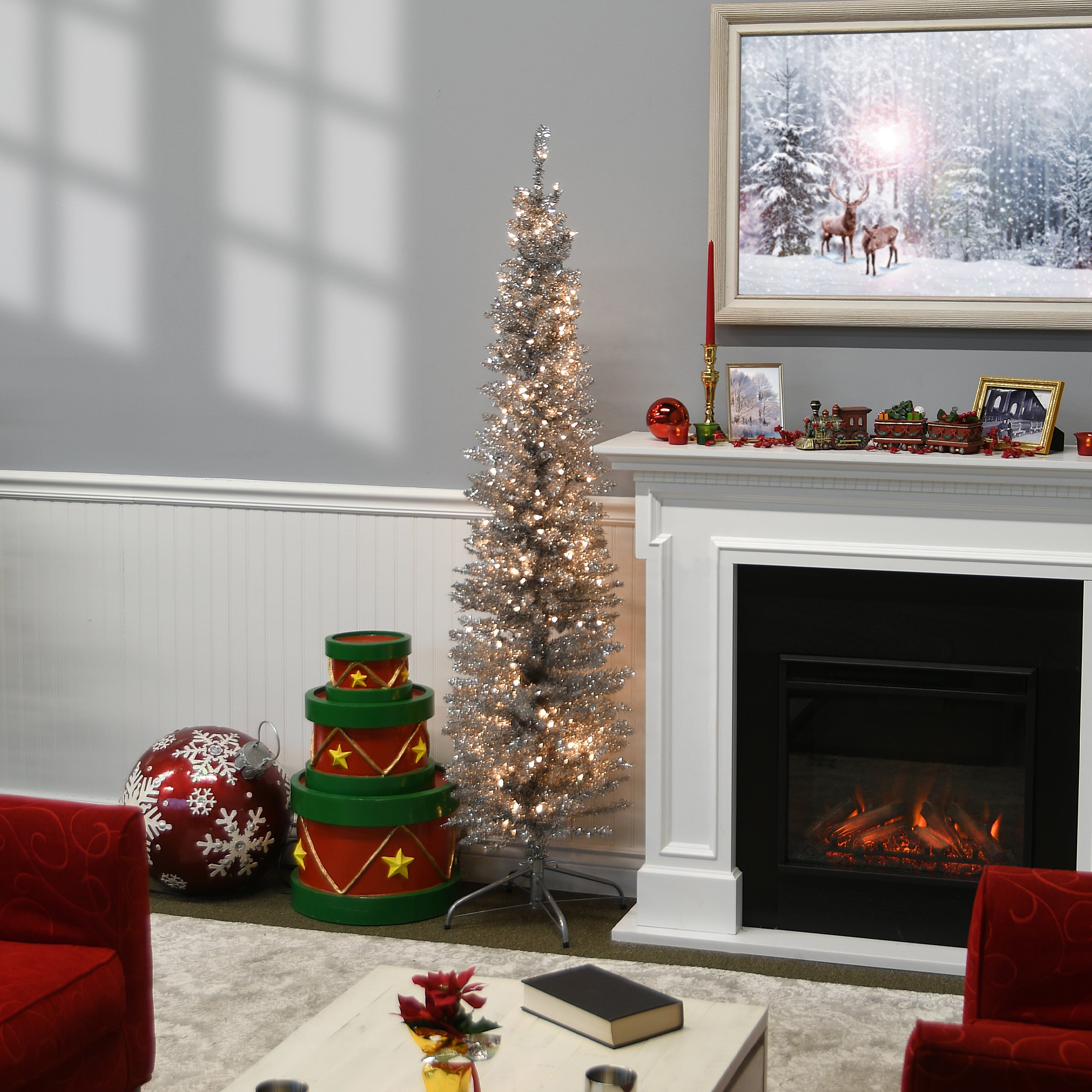 6 ft Pre-Lit Silver Tinsel Christmas Tree with 200 Clear LED Lights - Perfect for Holiday Home Decor, Office & Party Decoration