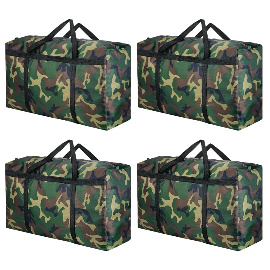4 Pack 105L Heavy Duty 600D Oxford Moving Bags - Extra Large Storage Bags with Reinforced Handles & Zippers - Waterproof Travel Packing Bags for College Moving, Home Storage, Camping Gear & Outdoor Adventures (28 Gallon Camouflage) - Perfect for Dorm Room Organization, RV Trips & Military Style Luggage
