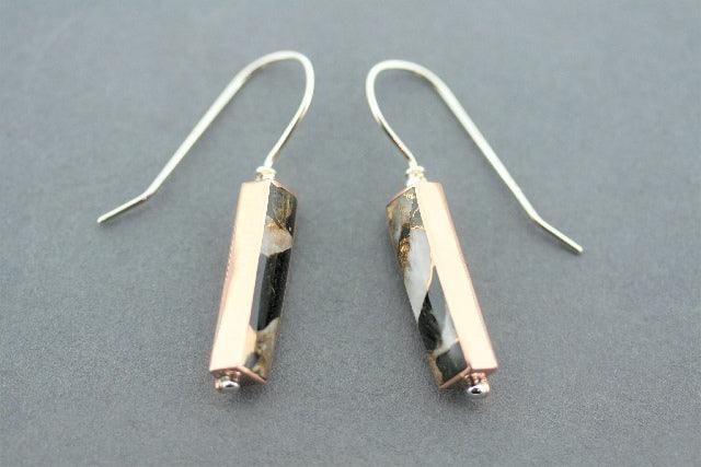 Copper and Silver Rectangle Earrings with Bronzed Calcite & Obsidian - Elegant Boho Jewelry for Women, Perfect for Parties, Weddings and Everyday Wear