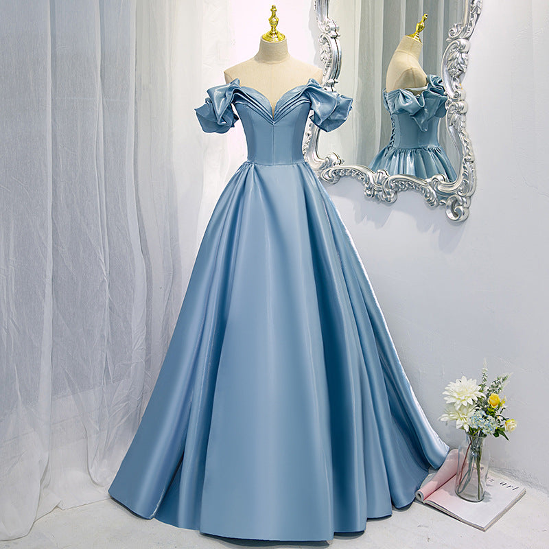 Elegant Off Shoulder Blue Satin Prom Dress for Women - Formal Evening Gown for Party, Ball, Homecoming & Special Occasions | Perfect for Prom Night, Wedding Guest & Black Tie Events