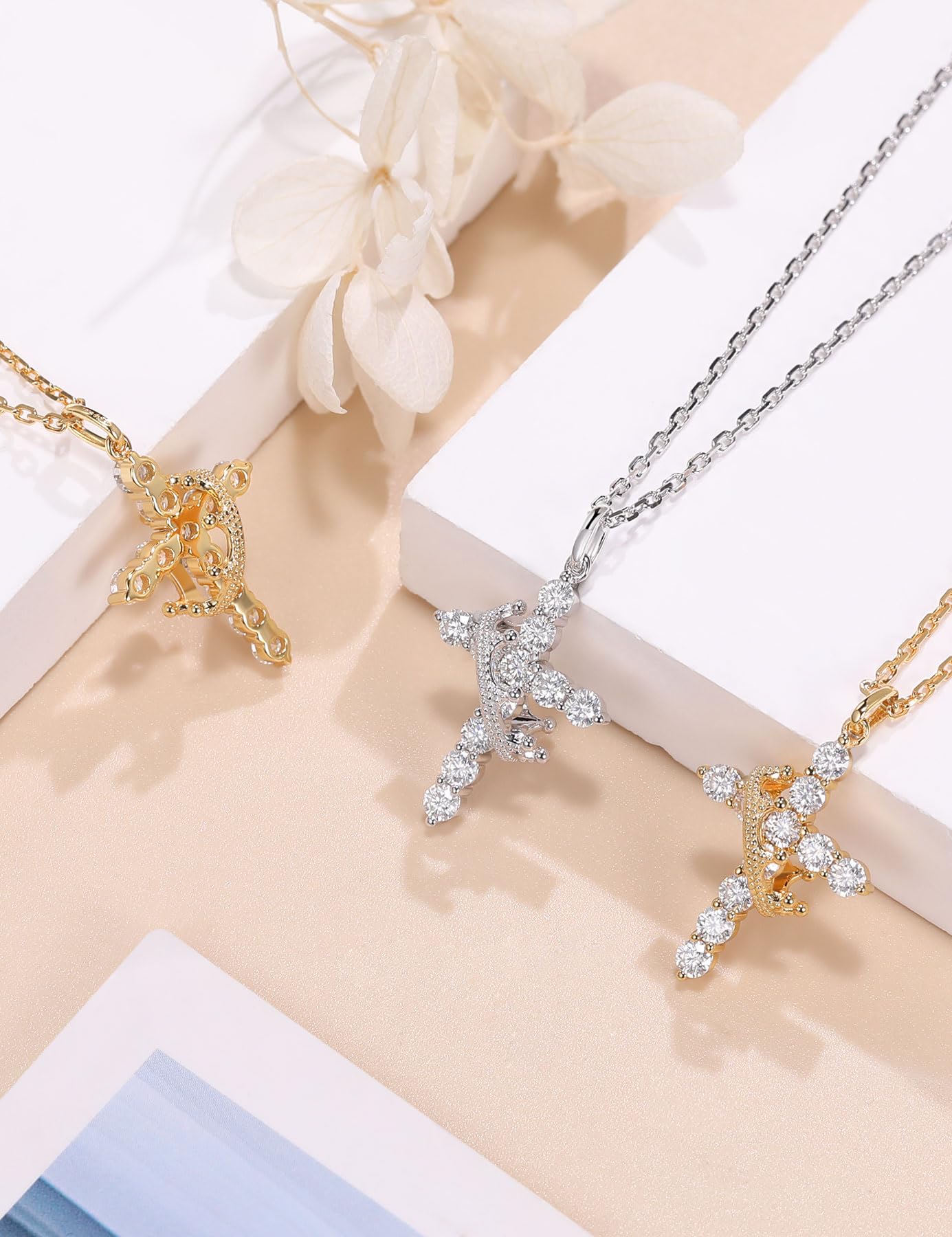 Moissanite Cross Necklace with Crown for Women - Sterling Silver Christian Faith Pendant Jewelry - Elegant Gift for Baptism, Confirmation & Religious Occasions