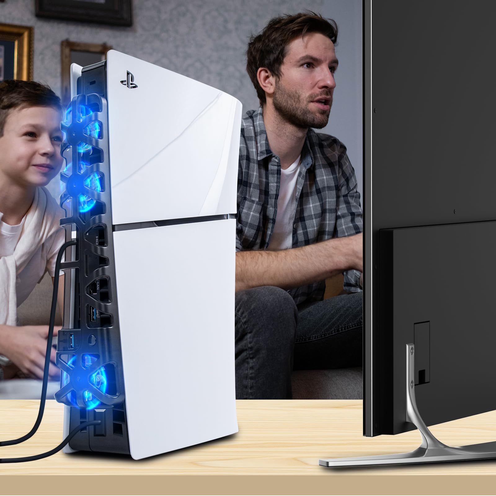 Upgraded PS5 Slim Cooling Fan with LED Light & USB 3.0 Hubs - Quiet Horizontal Cooling System for PS5 Slim Disc/Digital Edition - Black | Perfect for Gaming Marathons & Enhanced Console Performance
