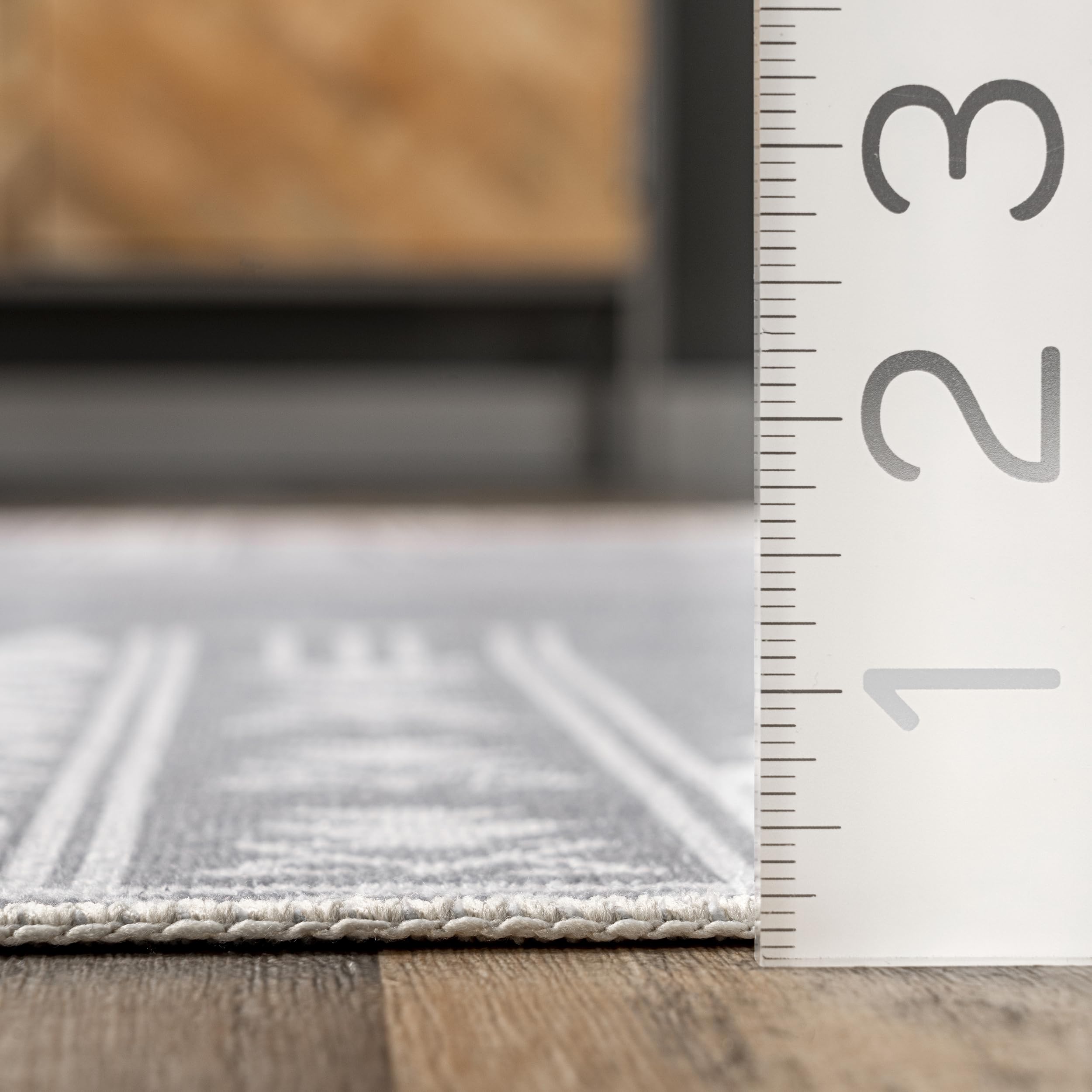 nuLOOM Joelle Machine Washable Tribal Geometric Border Ultra Thin Area Rug, 8' x 10', Light Grey - Perfect for Living Room, Bedroom, or Office Decor