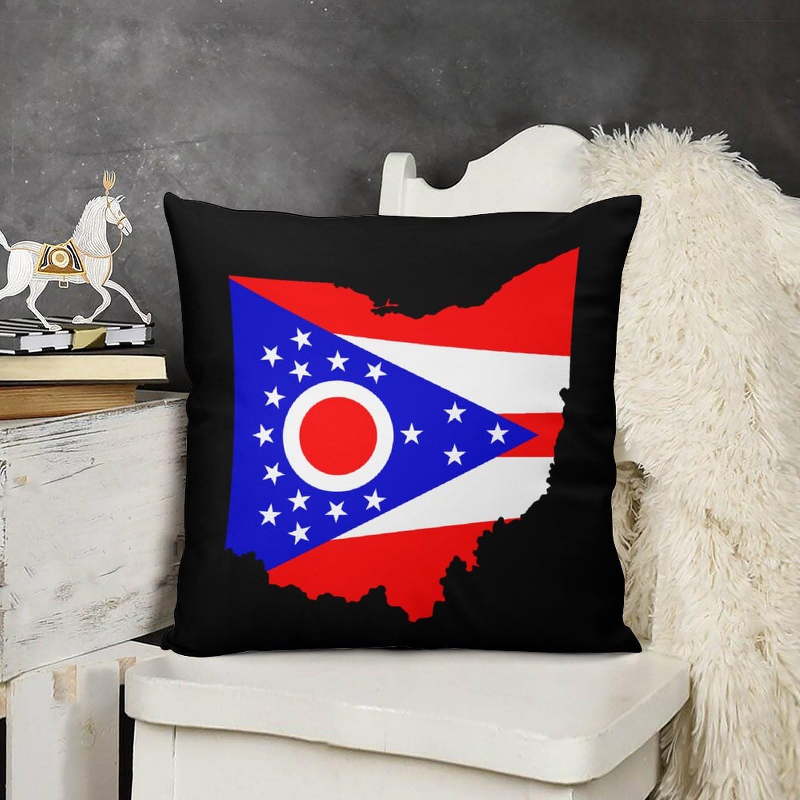 Ohio State Flag Map Plush Pillow Covers Set of 4 - 16x16 Inch Soft Cushion Covers for Sofa, Bed, Couch - Perfect for Home Decor, College Dorm, Game Day & Patriotic Gift