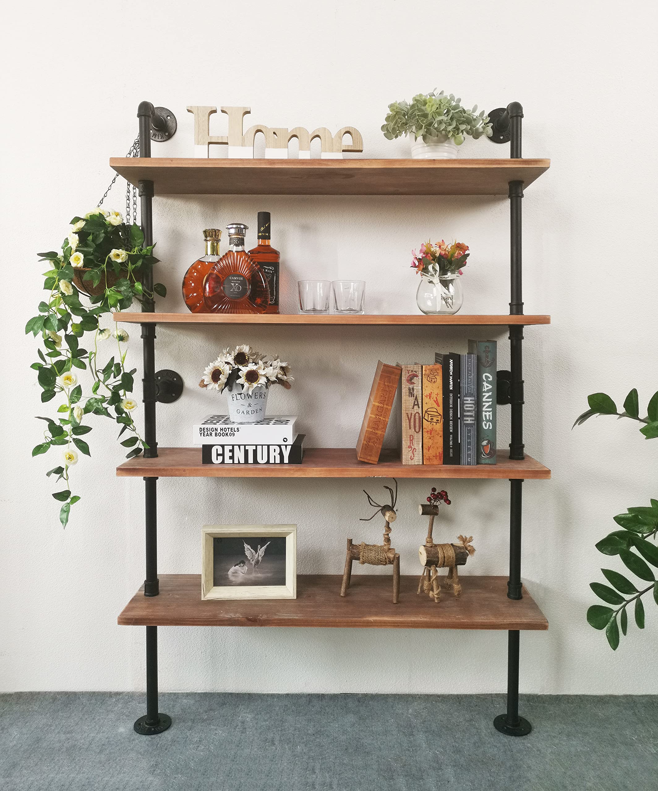 4 Tier Industrial Ladder Shelf Bookcase - Rustic Wall Mounted Bookshelf with Wood & Metal Pipe Design for Living Room, Bedroom, Office - Vintage Storage Shelf for Home Decor (Weathered Brown, 10