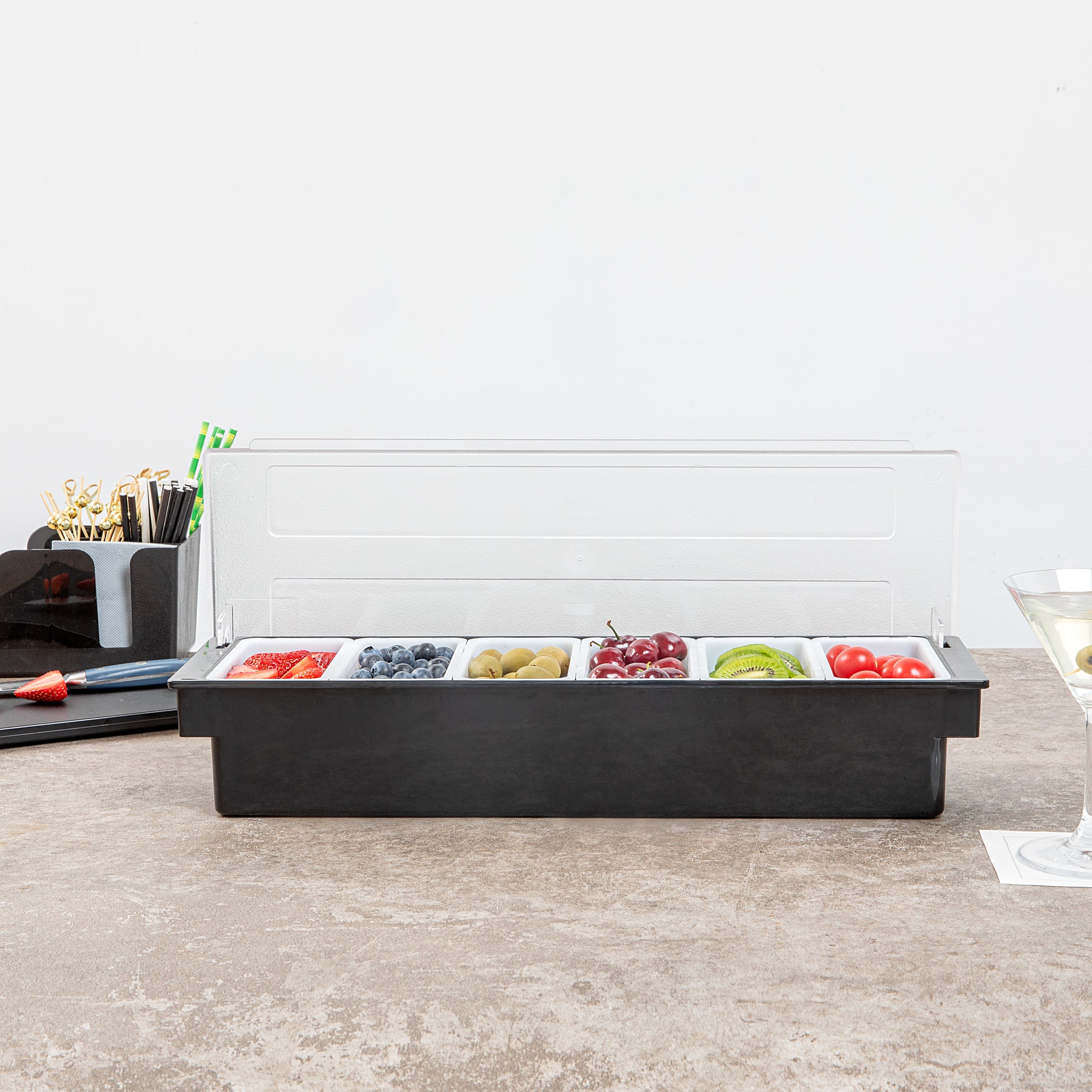 6-Compartment Black Plastic Condiment Caddy Organizer - 19.5