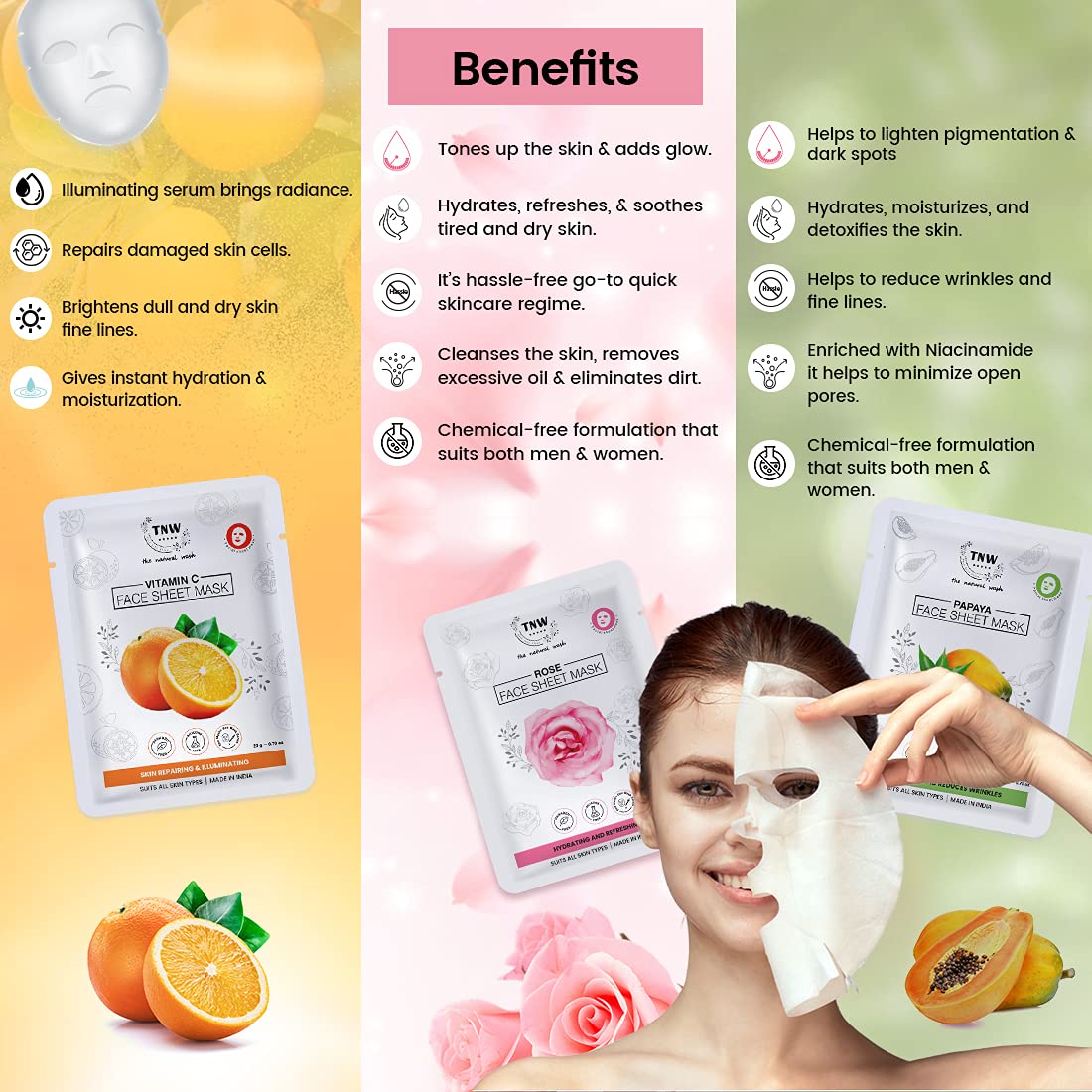 TNW THE NATURAL WASH Vitamin C, Papaya & Rose Sheet Mask Set (3 Pack) - Skin Repair, Glow & Wrinkle Reduction for All Skin Types | Perfect for Spa Nights, Self-Care Routines & Gift Giving