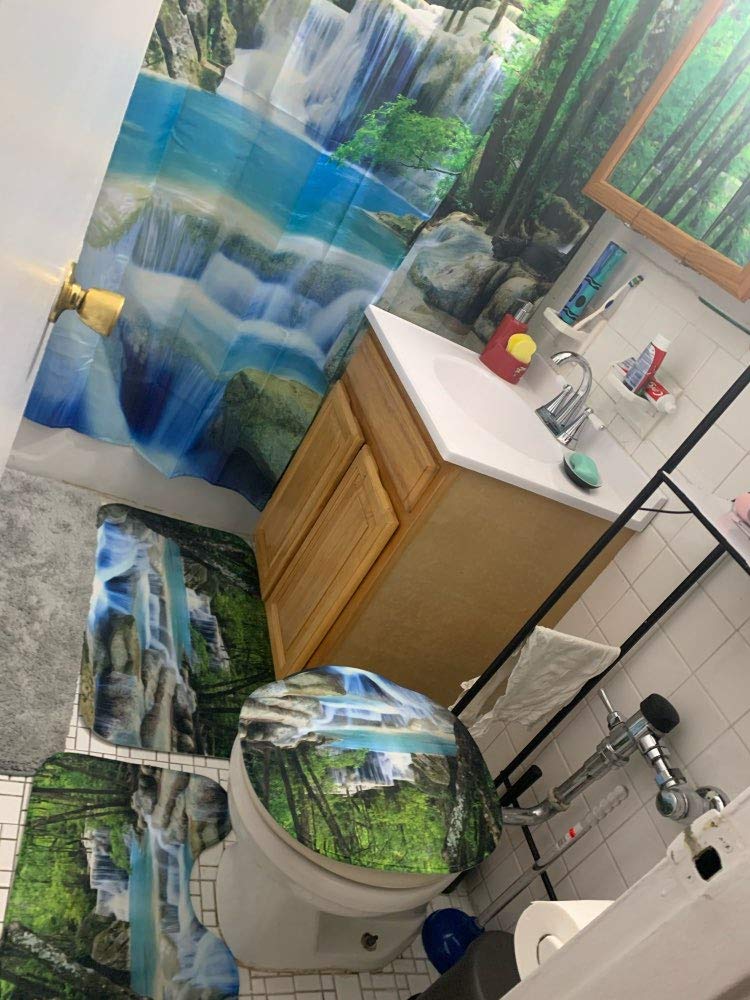 4PCS/Set 3D Waterfall Forest Waterproof Shower Curtain with Hooks - 72