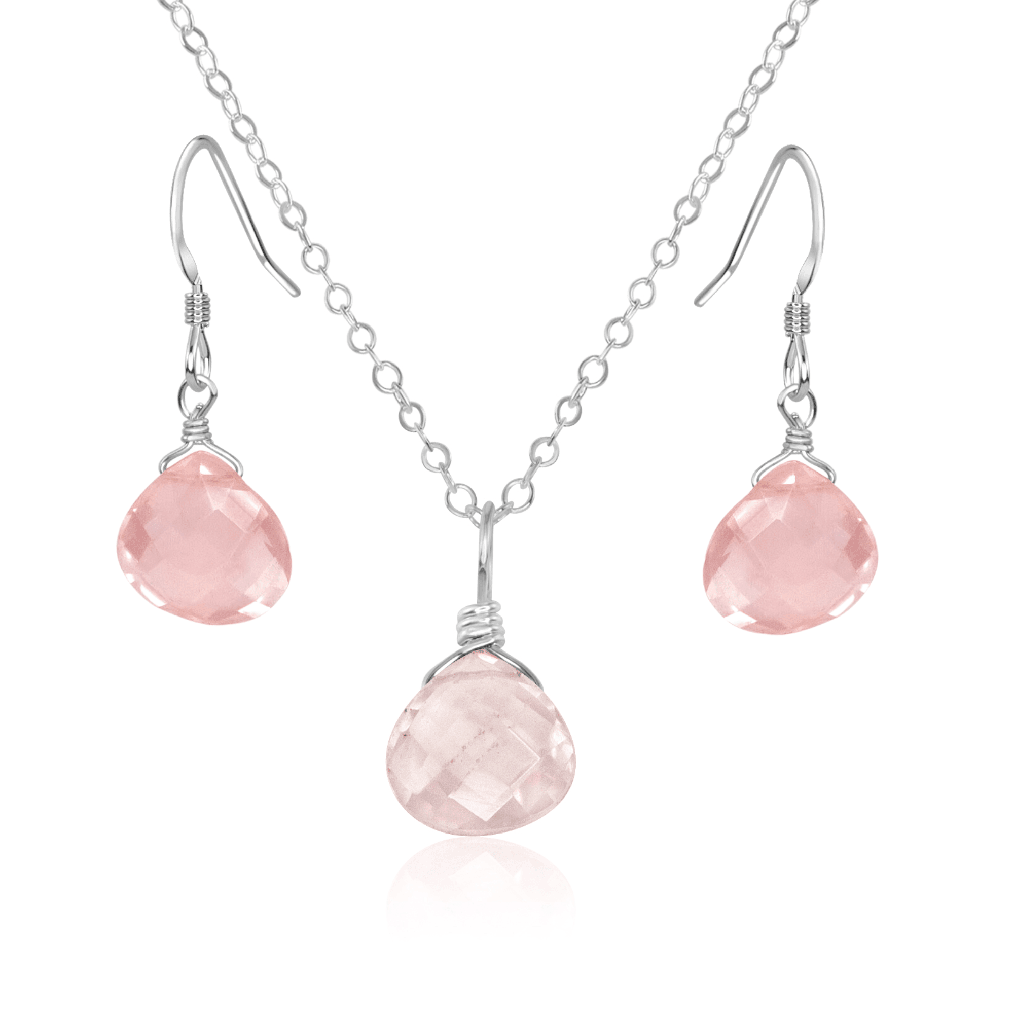 Rose Quartz Tiny Teardrop Earrings & Necklace Set - Dainty Crystal Jewelry for Women | Perfect for Valentine's Day, Anniversary Gifts & Everyday Elegance