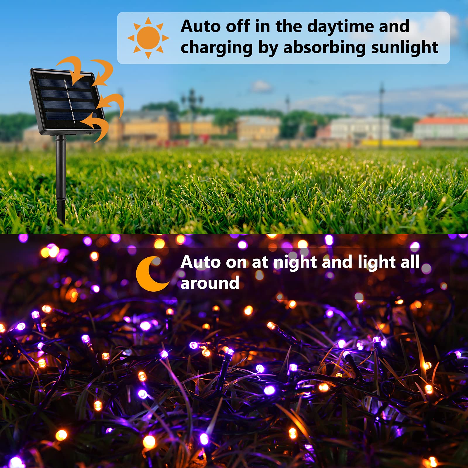 Joomer 2 Pack Halloween Solar String Lights - 144 FT 400 LED Orange & Purple Waterproof Outdoor Lights with 8 Modes for Halloween Decorations, Garden, Patio, Yard, and Party Lighting