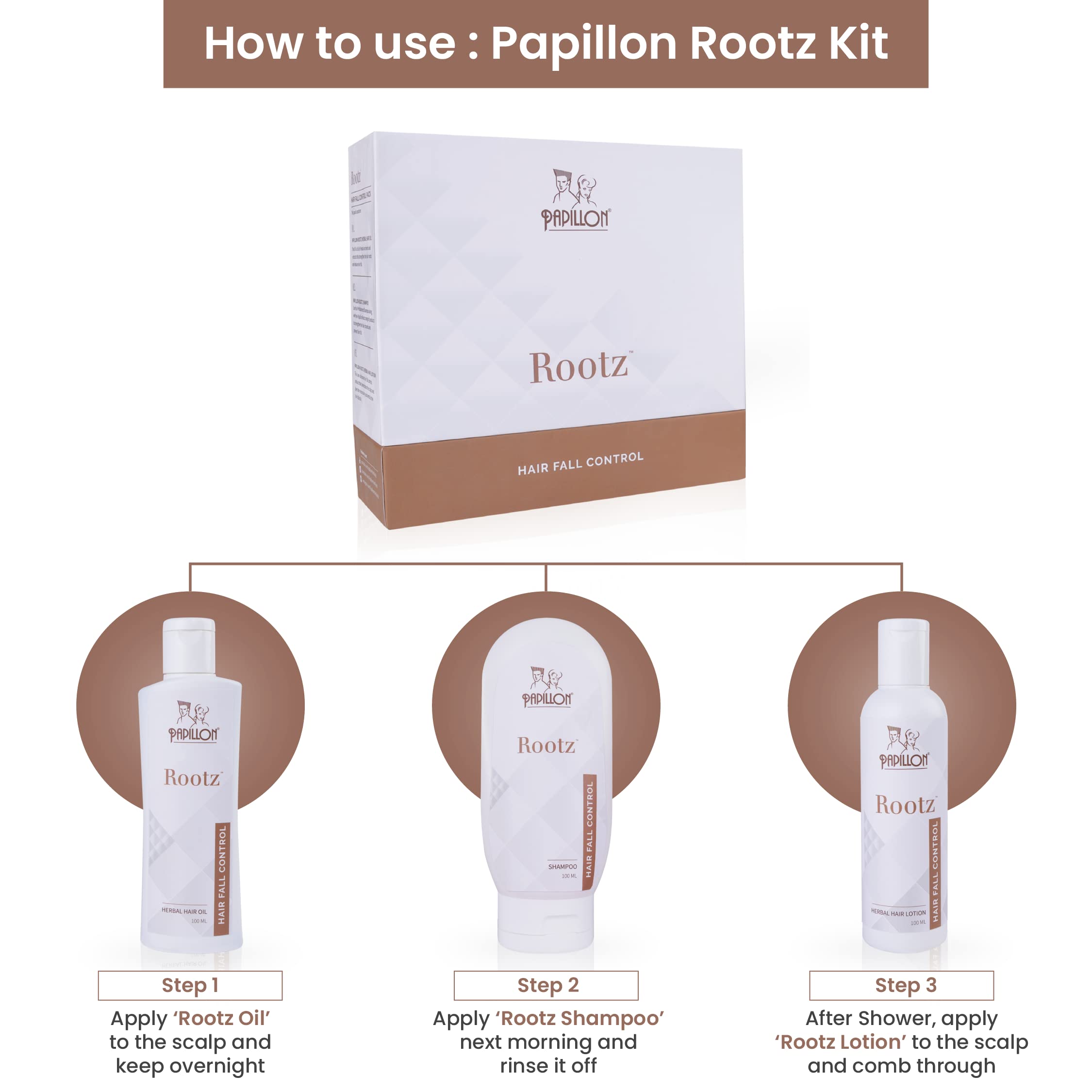 Papillon Rootz Herbal Hair Lotion for Hair Fall Control - 100ml | Natural Hair Growth Treatment for Thinning Hair | Perfect for Daily Use at Home & Salon