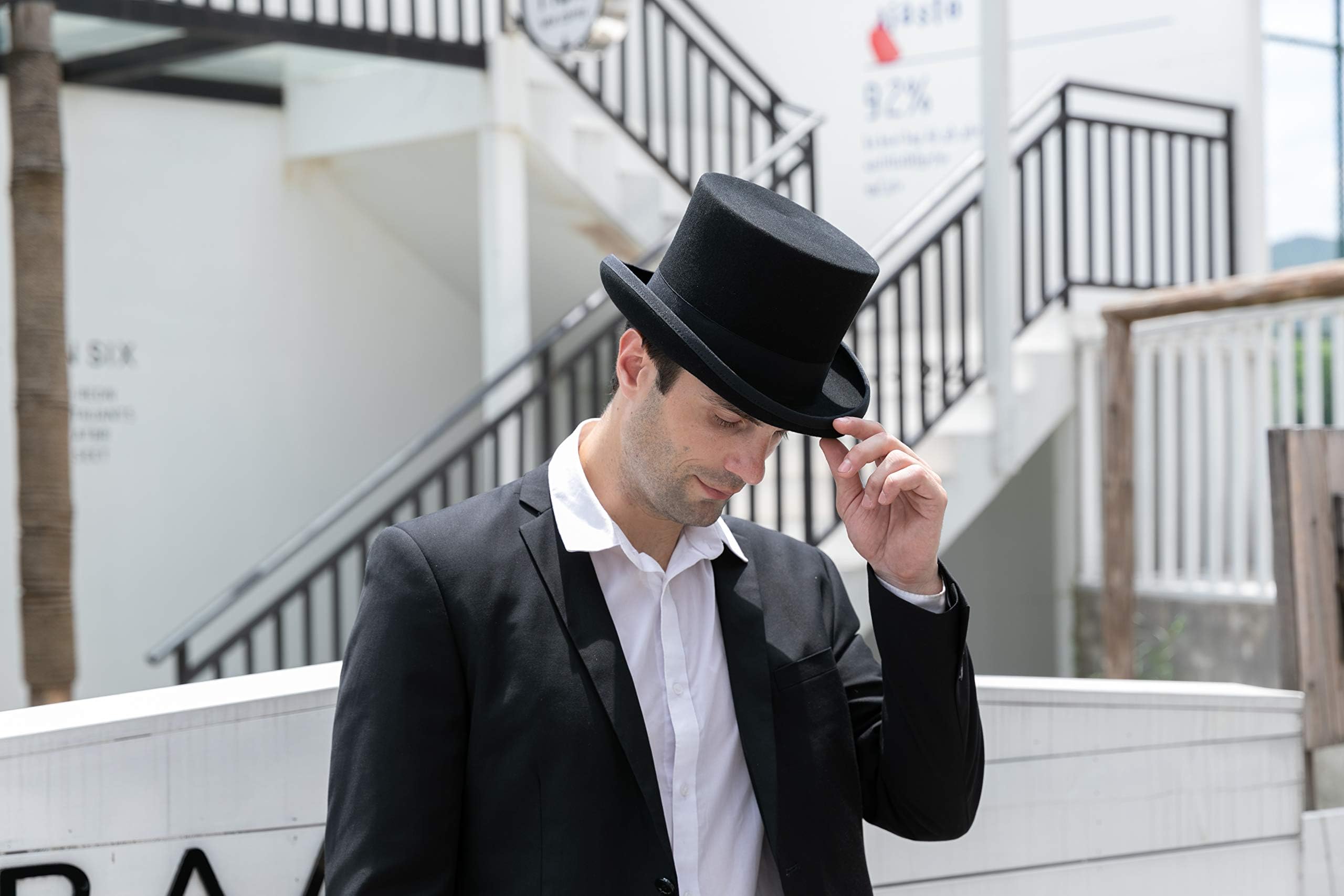 GEMVIE Men's 100% Wool Top Hat with Satin Lining - Elegant Derby Dress Hat for Formal Events, Weddings & Victorian Costume Parties - Black Classic Gentleman's Hat