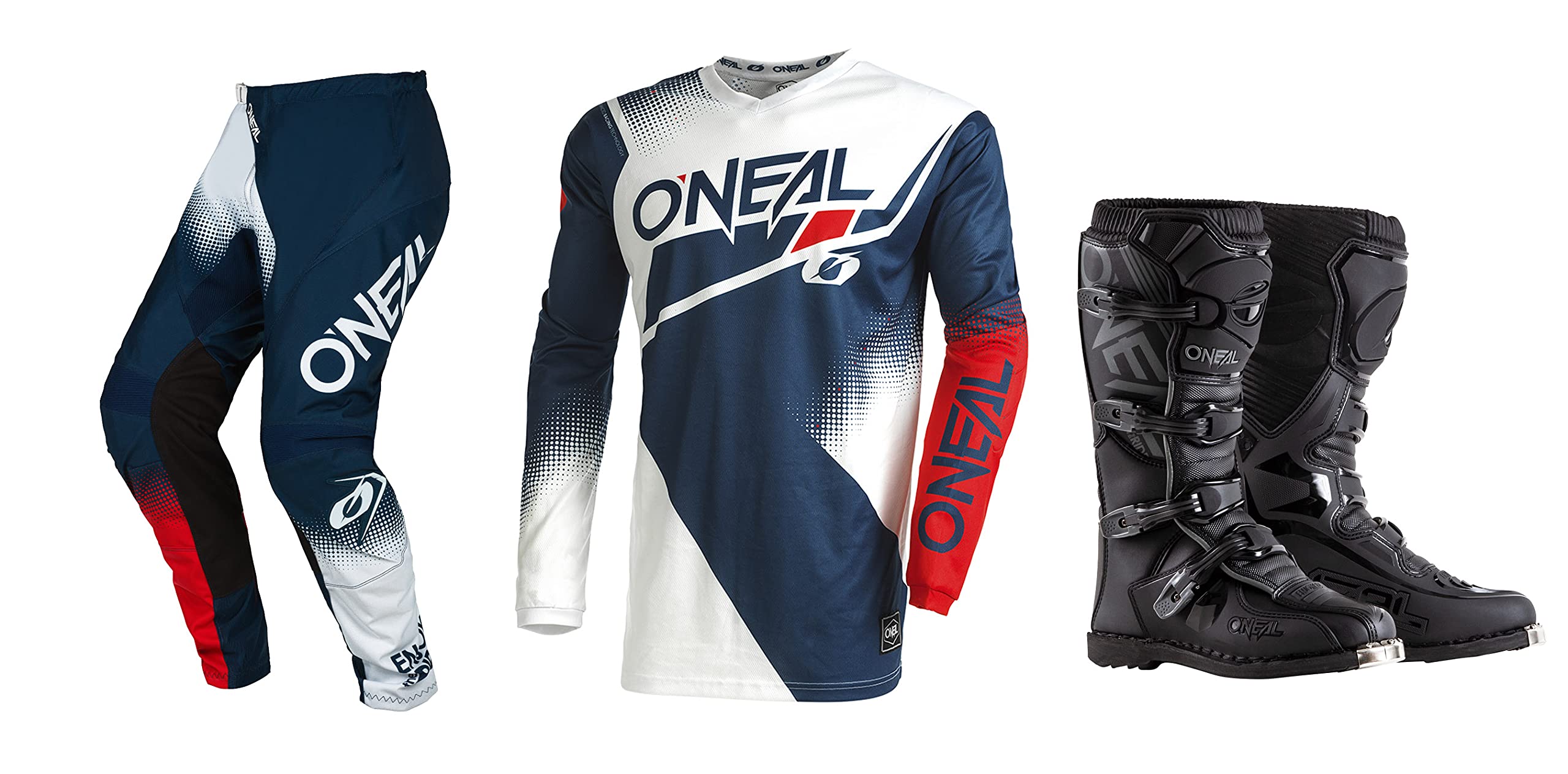 Oneal Element RW Blue/White/Red Motocross Jersey and Pants Combo with Boots - Dirt Bike Racing Gear for Off-Road Motorcycle Riding