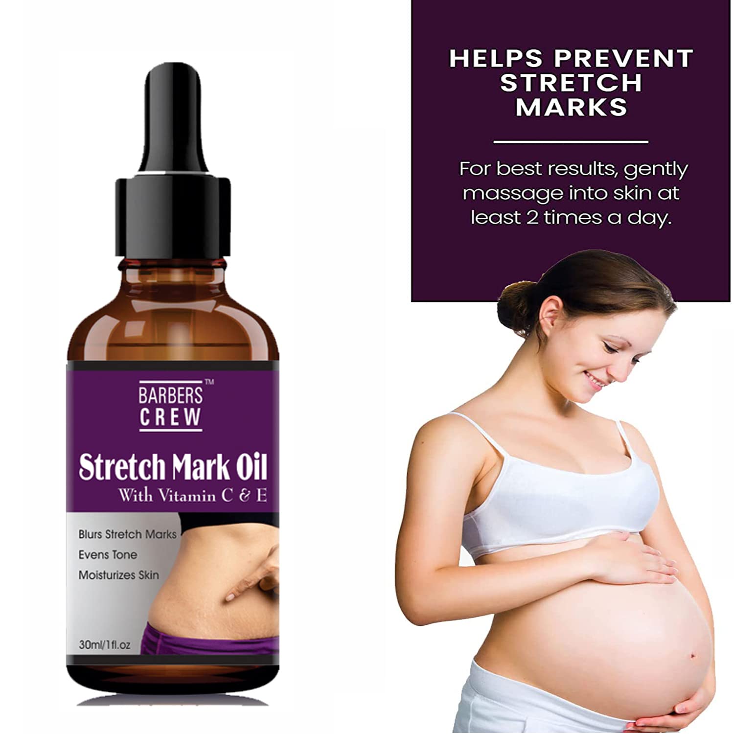 Barbers Crew Natural Stretch Oil - 7 in 1 Bio Elasticity Belly Oil (30ml) | Clinically Proven, Toxin-Free & Mineral-Oil-Free Formula for Pregnancy & Postpartum Care | Perfect for Massage, Skin Hydration & Stretch Mark Prevention