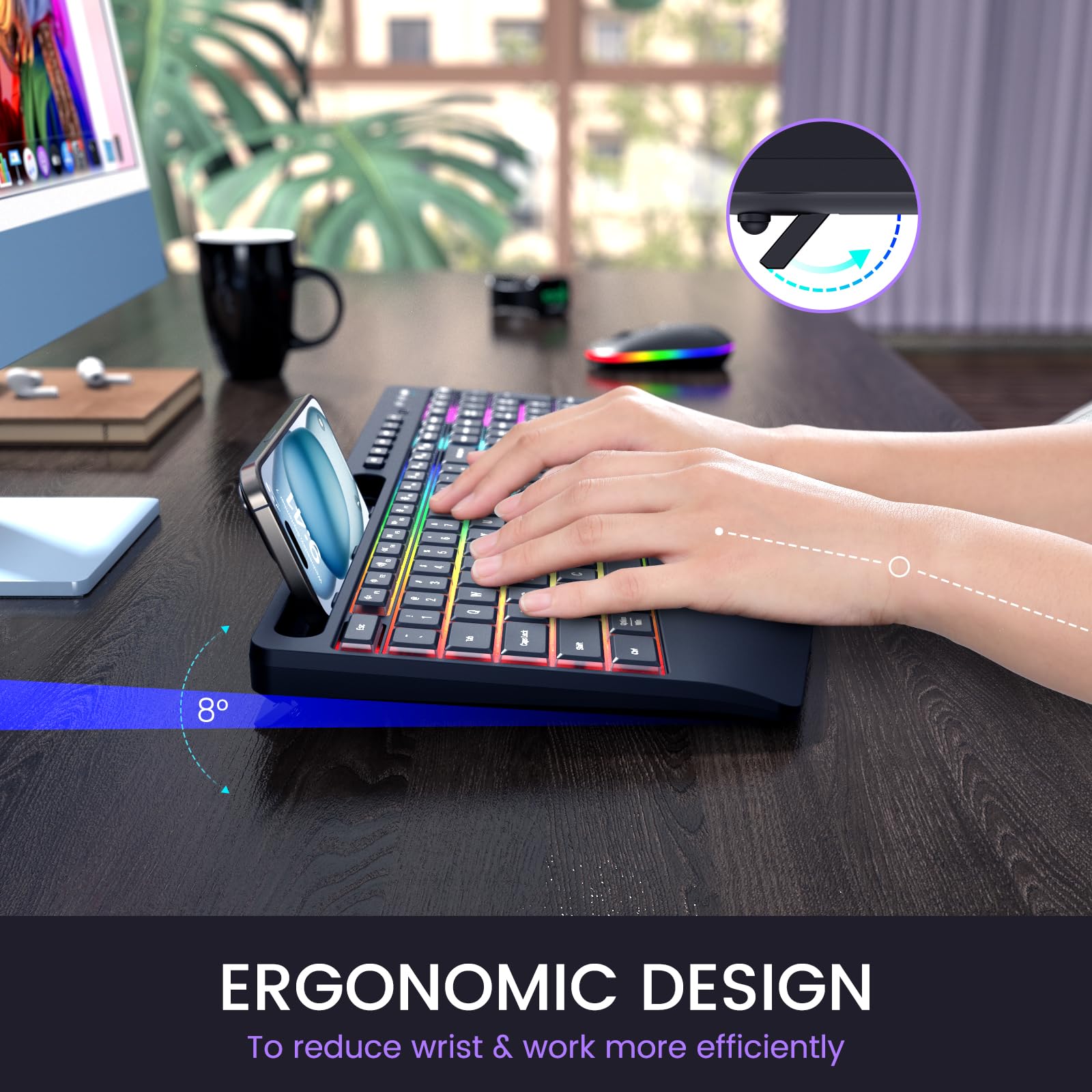 RGB Backlit Wireless Keyboard and Mouse Combo - 2.4G Rechargeable Full-Size Ergonomic Set with Phone/Tablet Holder | Silent Typing for PC, Laptop, Office & Gaming Use