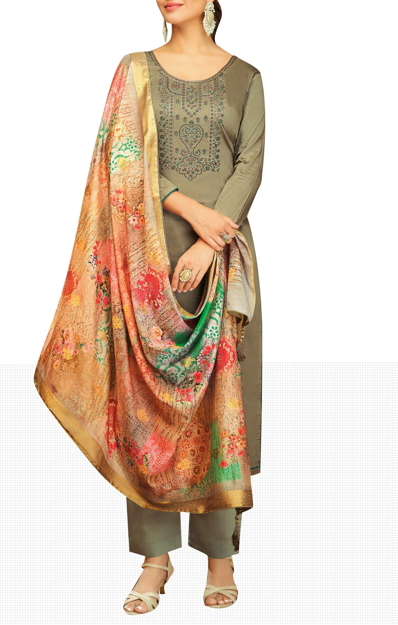 Pure Cotton Embroidered Women's Salwar Kameez Suit with Brocade Silk Dupatta - Elegant Ethnic Outfit for Weddings, Festivals & Special Occasions