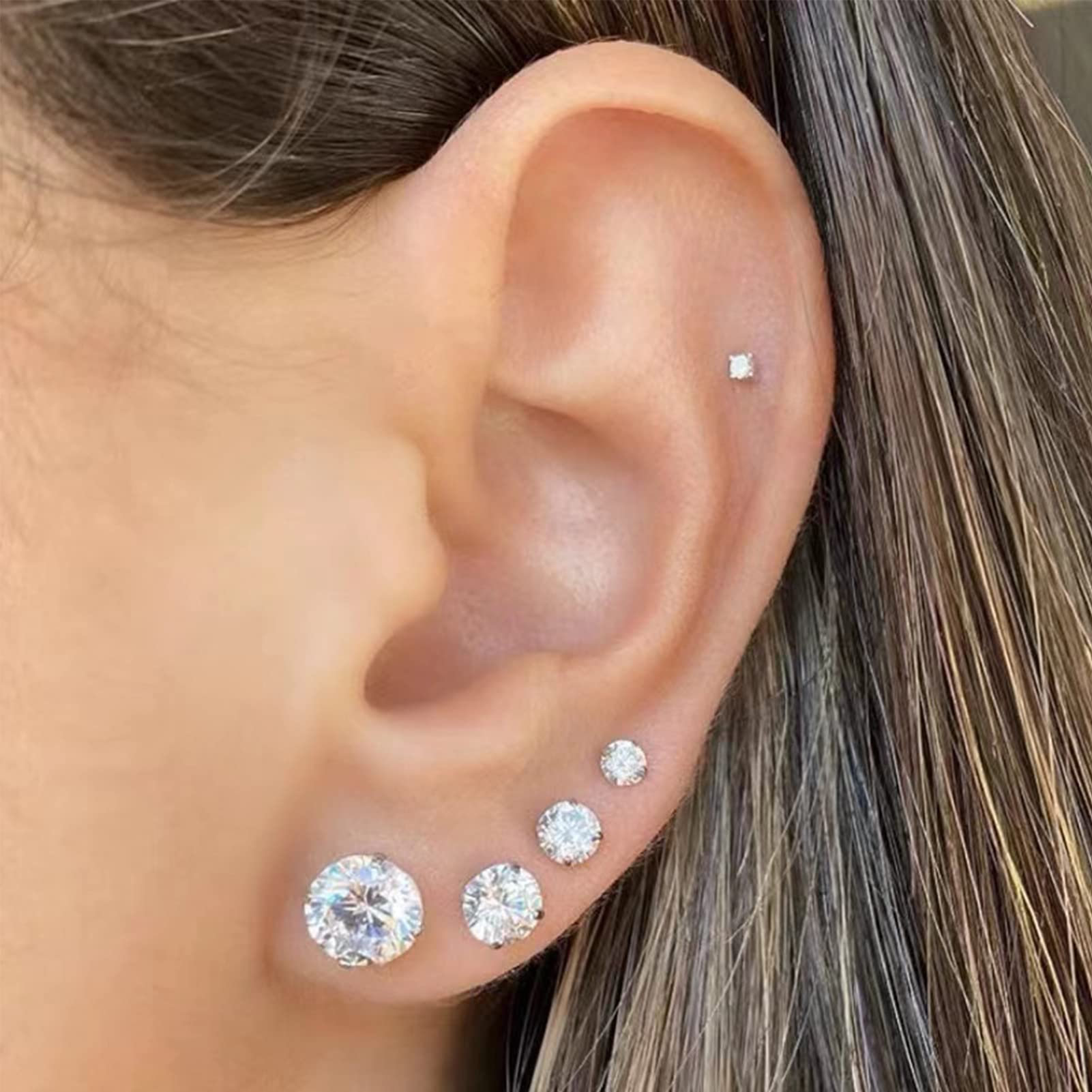925 Sterling Silver Stud Earrings Set - 6 Pairs (3mm-8mm) Cubic Zirconia CZ Earrings for Men & Women | Hypoallergenic Multipack for Multiple Piercings | Perfect for Everyday Wear, Gifts & Special Occasions