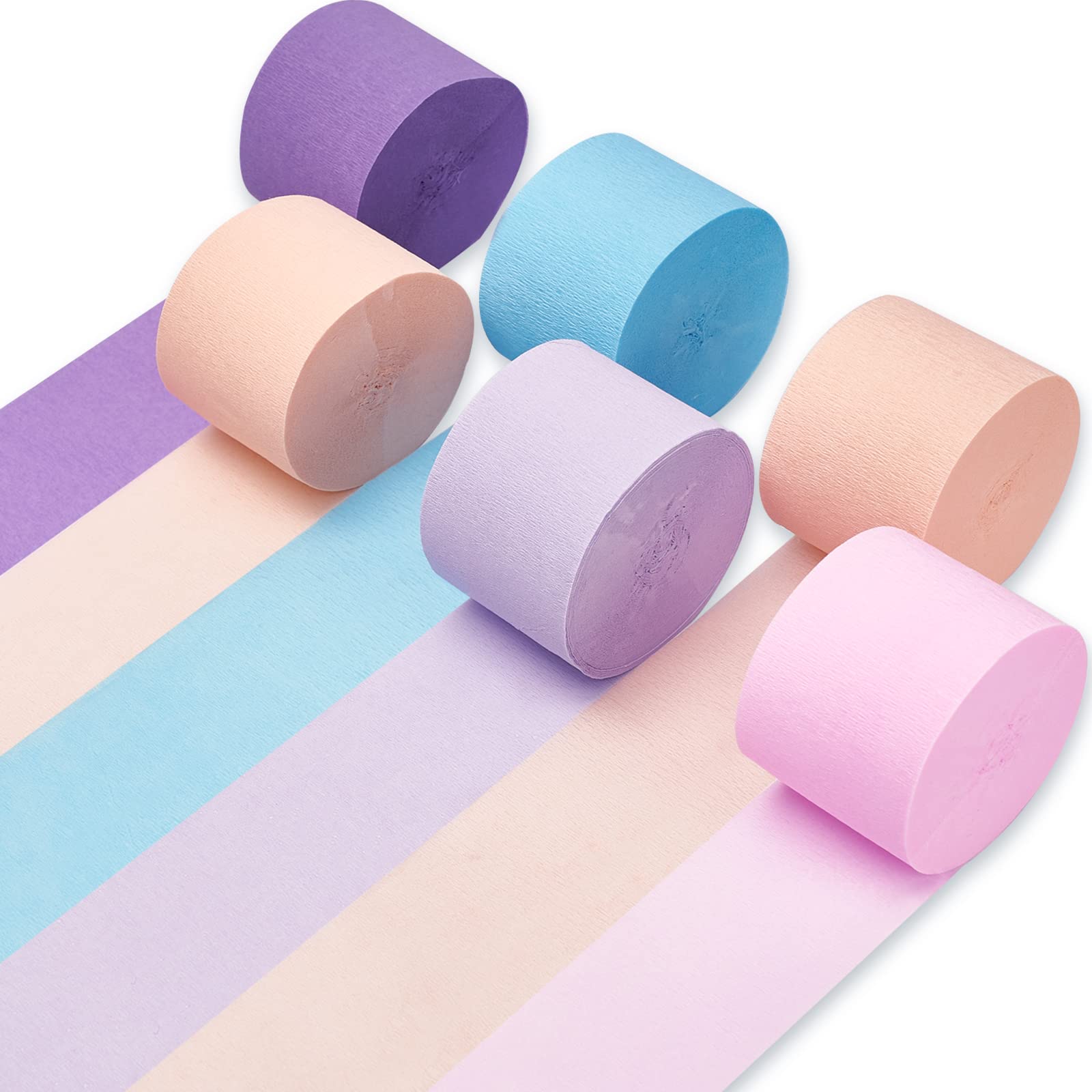 PartyWoo Crepe Paper Streamers - 6 Rolls (492ft) Peach, Purple, Light Pink & Pastel Blue Mermaid Party Decorations for Birthday, Baby Shower & Wedding Decor (1.8