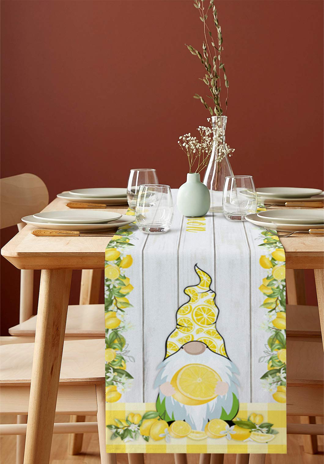 90 Inch Burlap Linen Table Runner with Lemon Gnome Design - Rustic Farmhouse Decor for Kitchen, Dining Table, Coffee Table, Dresser - Perfect for Summer Parties, Banquets & Buffalo-Themed Events