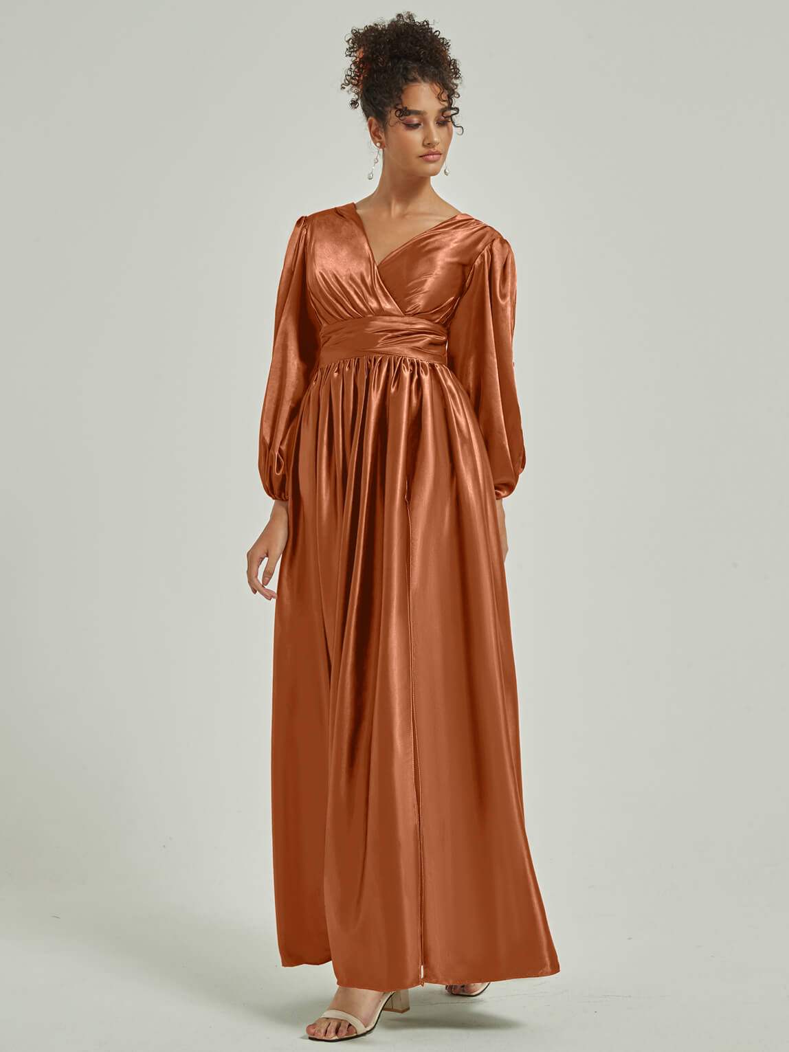 Elegant Cooper Satin 3/4 Sleeve V-Neck Pleated Bridesmaid Dress with Side Slit - Perfect for Weddings, Formal Events & Special Occasions