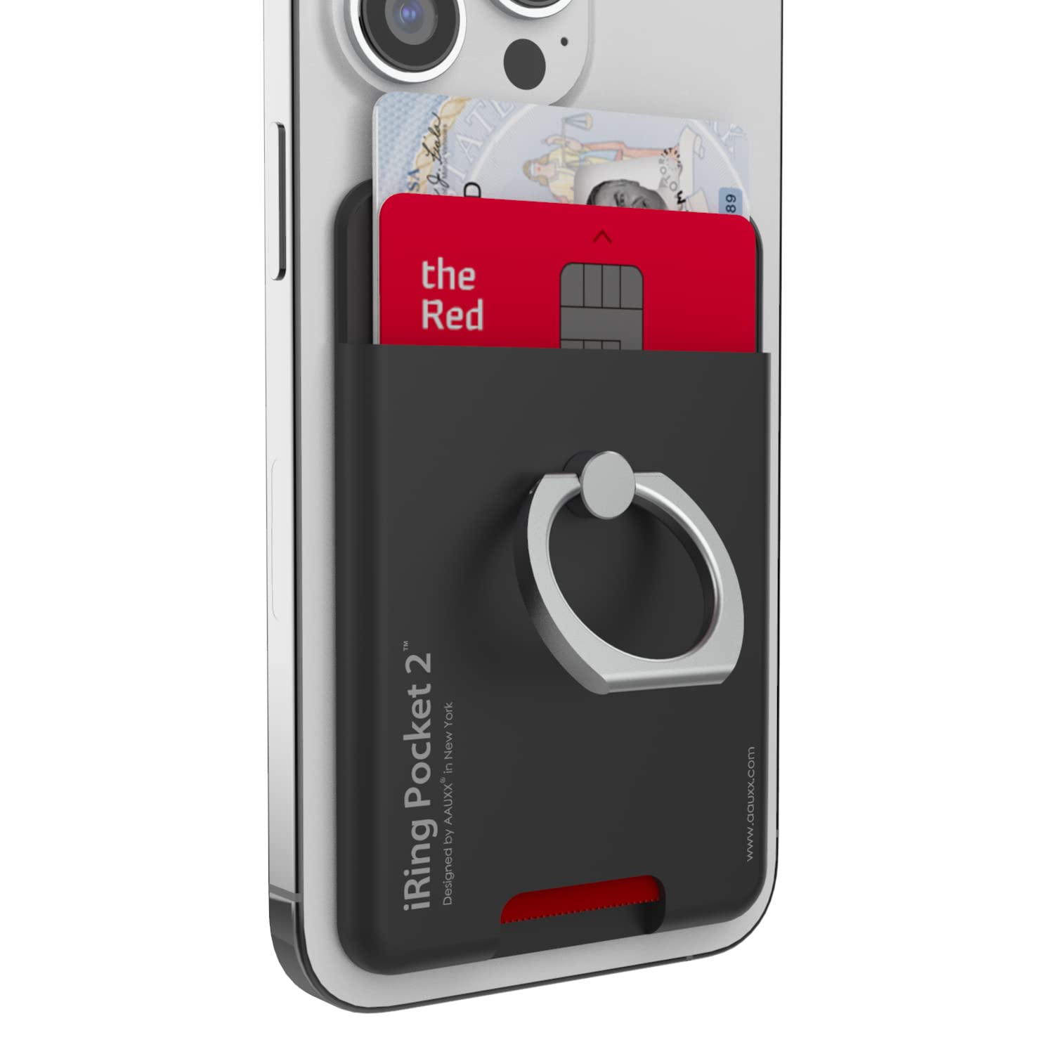 iRing Pocket Card Phone Ring Grip Holder - Made in Korea, Holds 2 Cards, Compatible with iPhone, Galaxy & Android Smartphones (Black) - Perfect for On-the-Go Convenience & Secure Grip