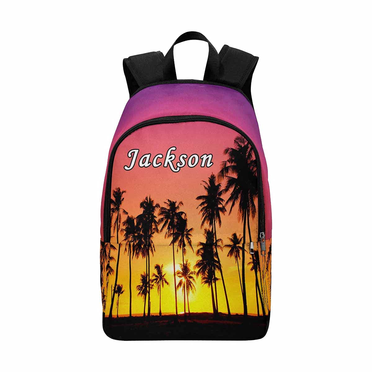 Custom Personalized Name Backpack with Sunrise Coconut Tree Silhouette - Waterproof Unisex Backpack for Women, Men, Kids, Boys & Girls - Perfect for School, Travel & Outdoor Adventures
