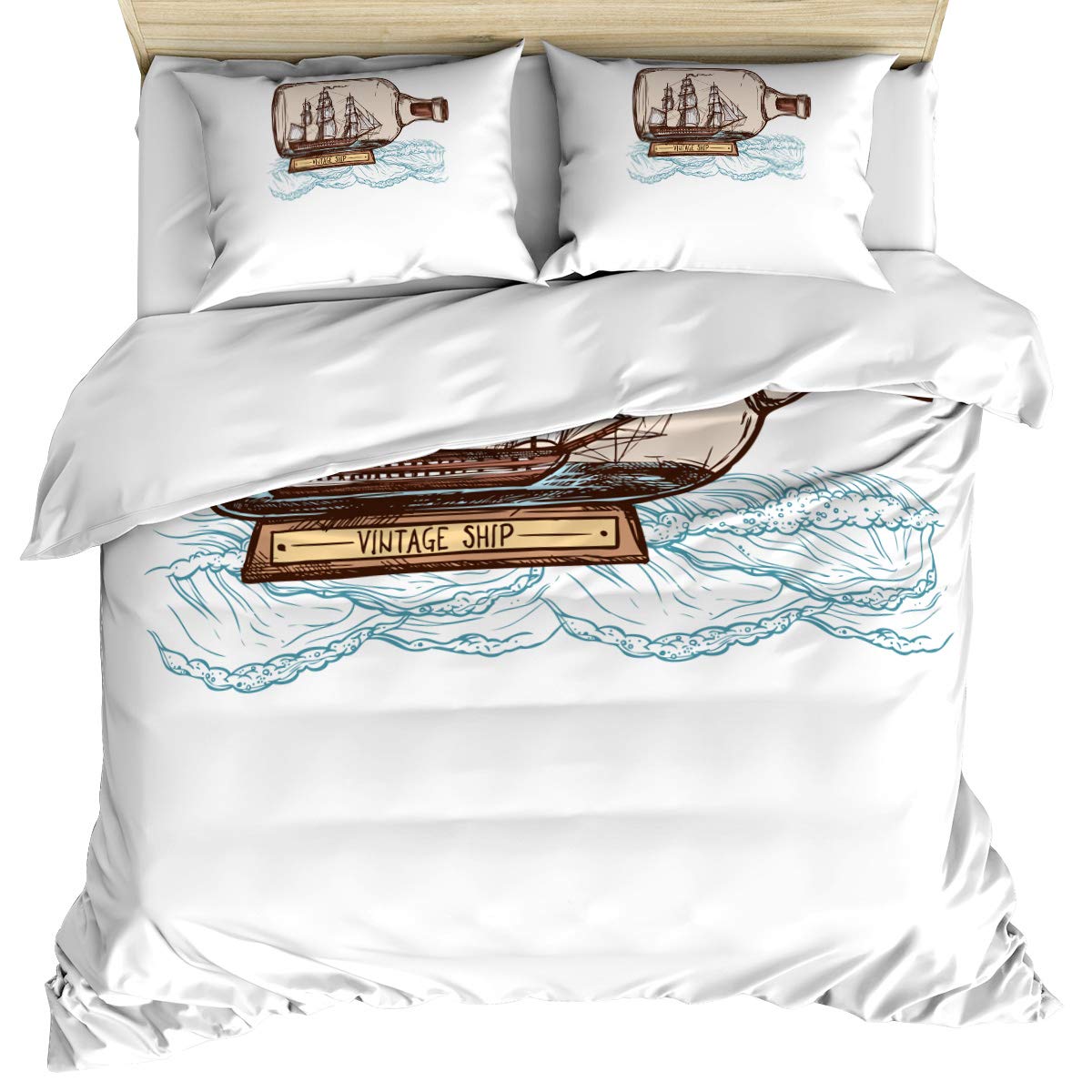 Vintage Pirate Ship Drift Bottle Queen Duvet Cover Set - 3 Piece All Season Microfiber Reversible Bedding with 2 Pillowcases | Soft & Breathable for Cozy Sleep | Perfect for Guest Rooms, Kids' Bedrooms & Nautical Themed Decor