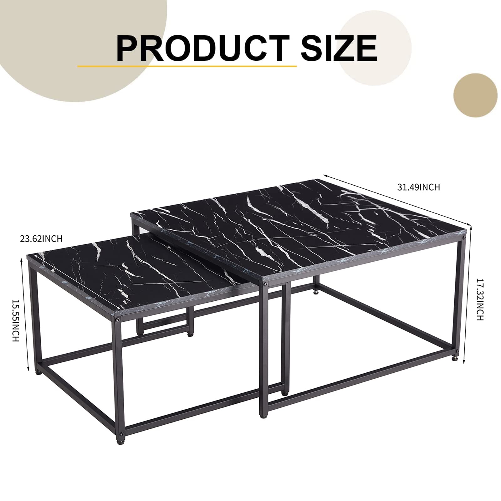 Modern Nesting Coffee Table Set of 2 - Faux Marble End Tables with Sturdy Metal Frame, Rectangle Cocktail Tables for Living Room, Bedroom or Home Office | Perfect for Small Spaces, TV Snacking and Stylish Home Decor