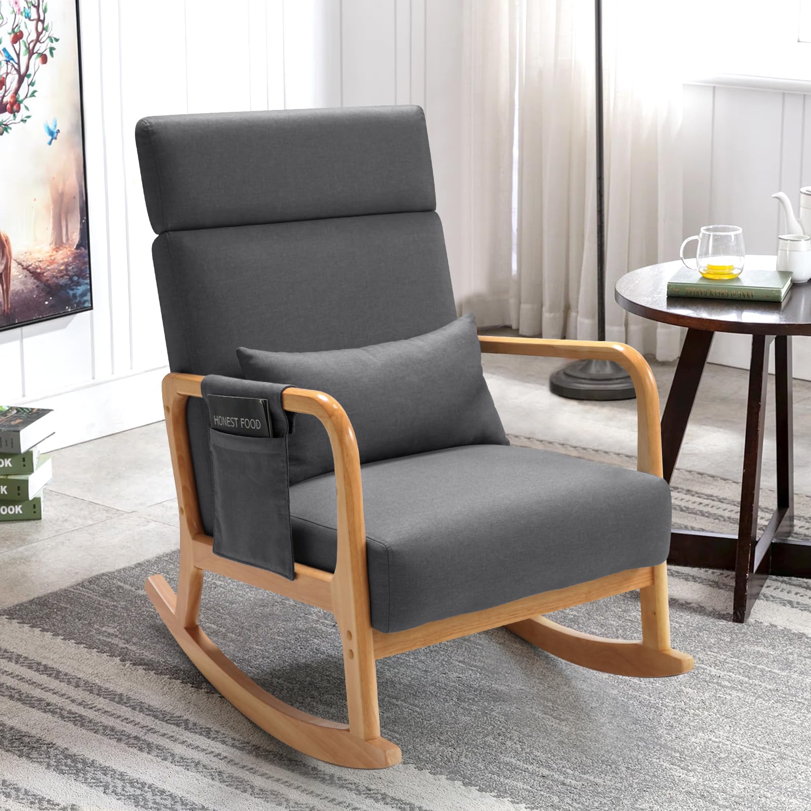 **Grey Solid Wood Rocking Chair with Pillow - High Back Nursery Glider & Nursing Chair with Side Pocket - Comfortable Armchair for Bedroom, Living Room, Nursery - Perfect for Breastfeeding, Relaxing & Reading**