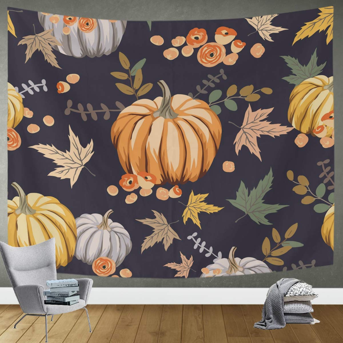 DOMIKING Autumn Orange Pumpkin Tapestry - 90x60in Thanksgiving Wall Hanging for Bedroom & Living Room Decor | Cozy Fall Home Decor, Seasonal Blanket for Dorm, Party, Photo Backdrop