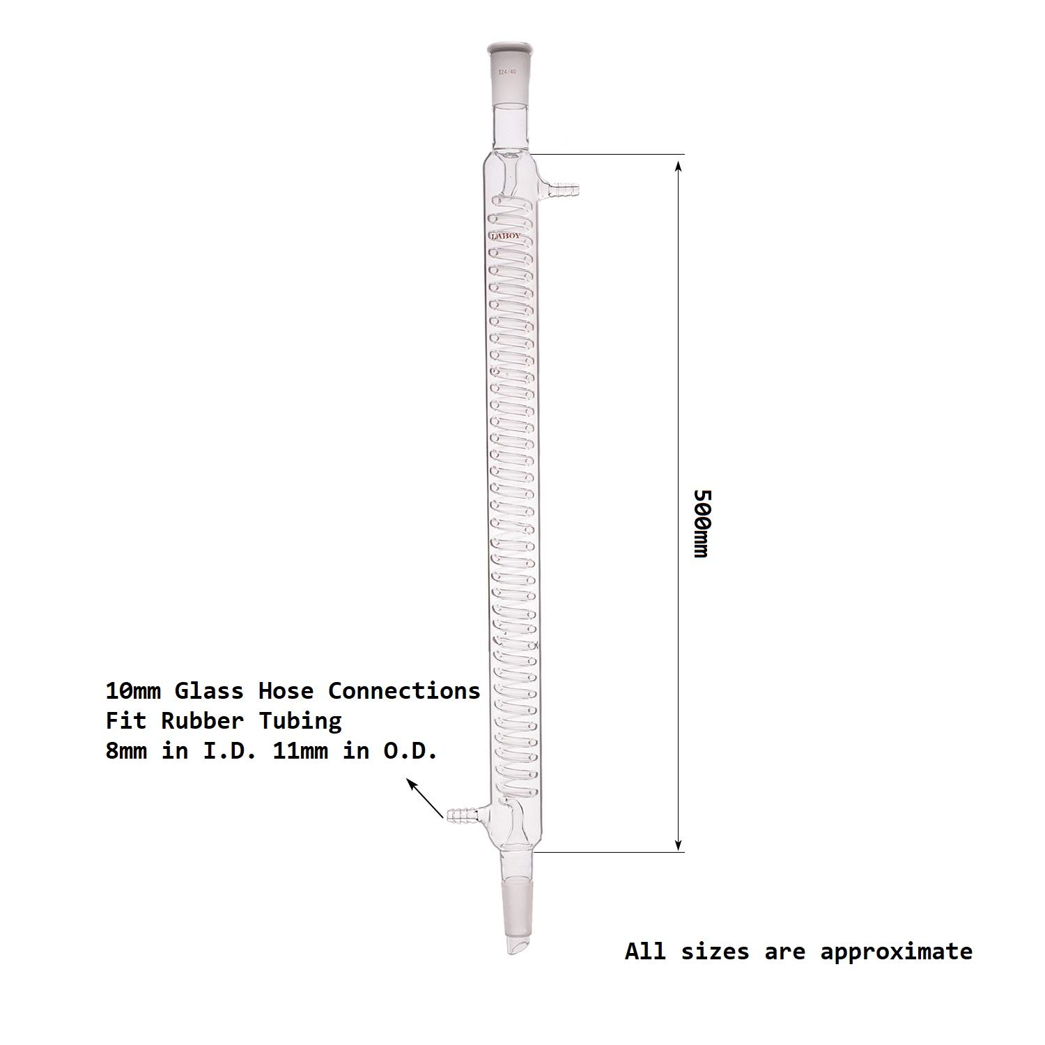 Laboy 500mm Graham Condenser with 24/40 Joints - 10mm Glass Hose Connections - Premium Lab Glassware for Distillation & Chemistry Experiments - Perfect for Home Brewing, Essential Oil Extraction & Scientific Research