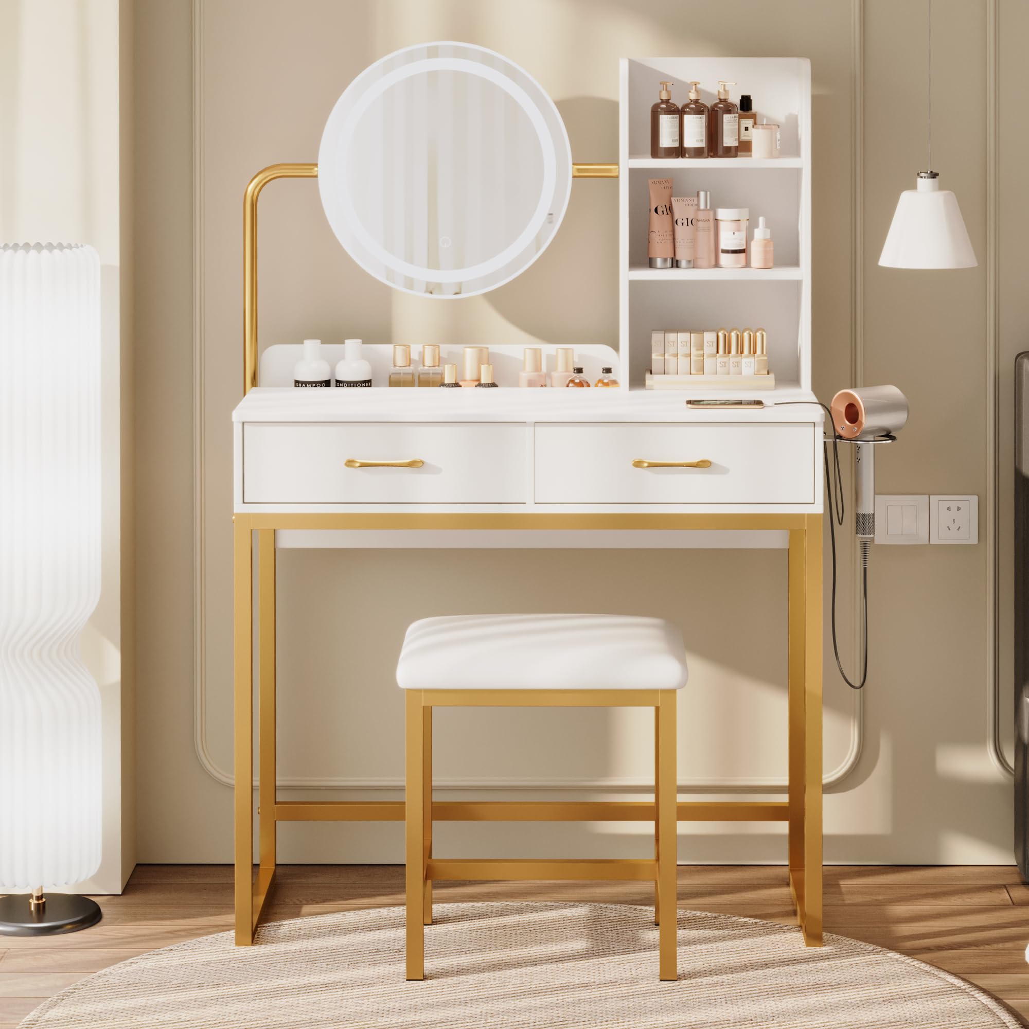 Dowinx White Vanity Desk with LED Lighted Mirror - Adjustable 3 Lighting Modes Makeup Dressing Table with Power Outlet & Stool - Elegant Gold & White Bedroom Vanity Set for Girls & Women | Perfect for Small Spaces, Daily Makeup Routine & Instagram Selfies