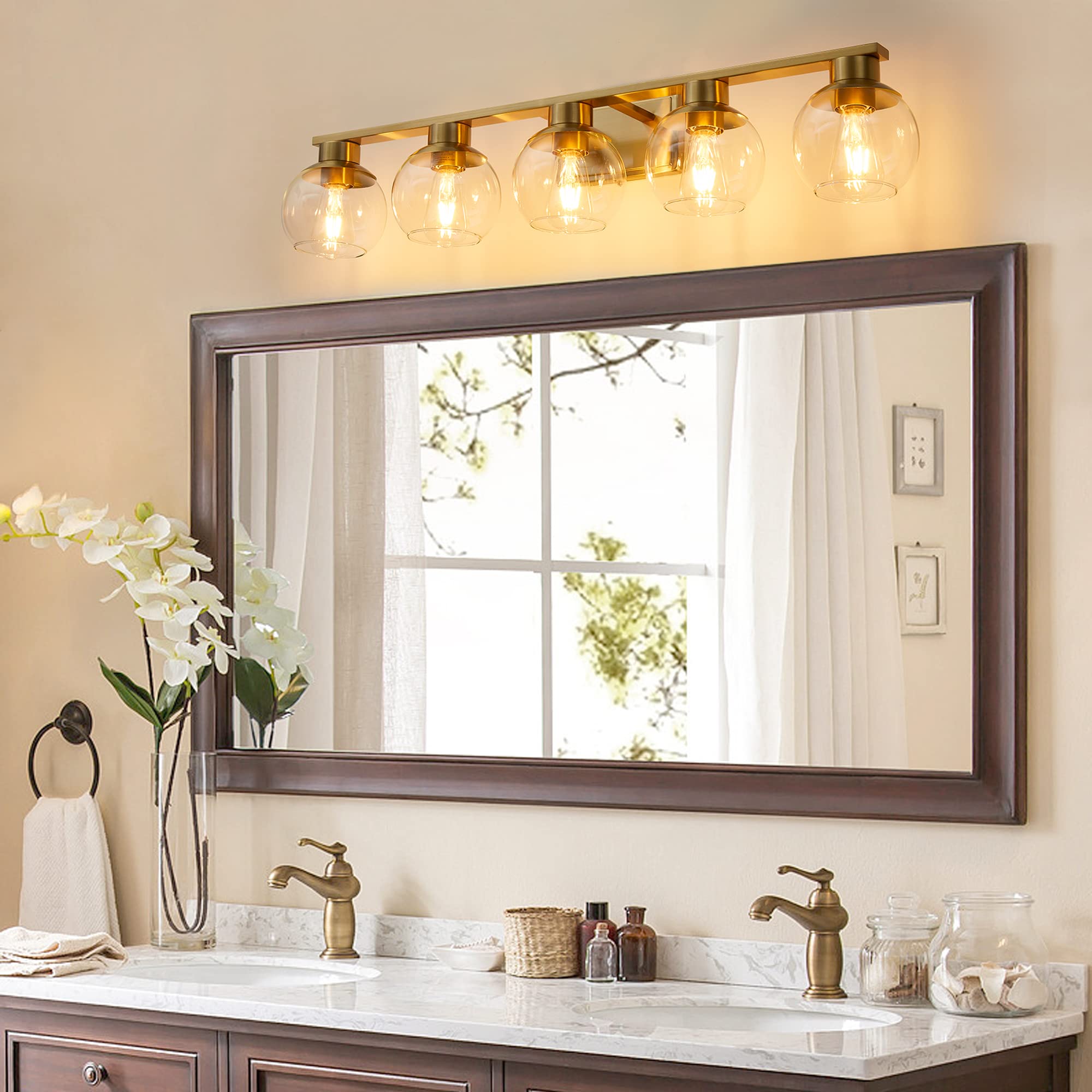 PAZALA Brushed Brass 5-Light Bathroom Vanity Light Fixture - Wall Sconce with Globe Glass Shade & E26 Base - Perfect for Bathroom Mirror, Bedroom, Living Room, Hallway & Picture Wall Lighting (Ideal for Modern Home Decor & Vanity Makeup Area)